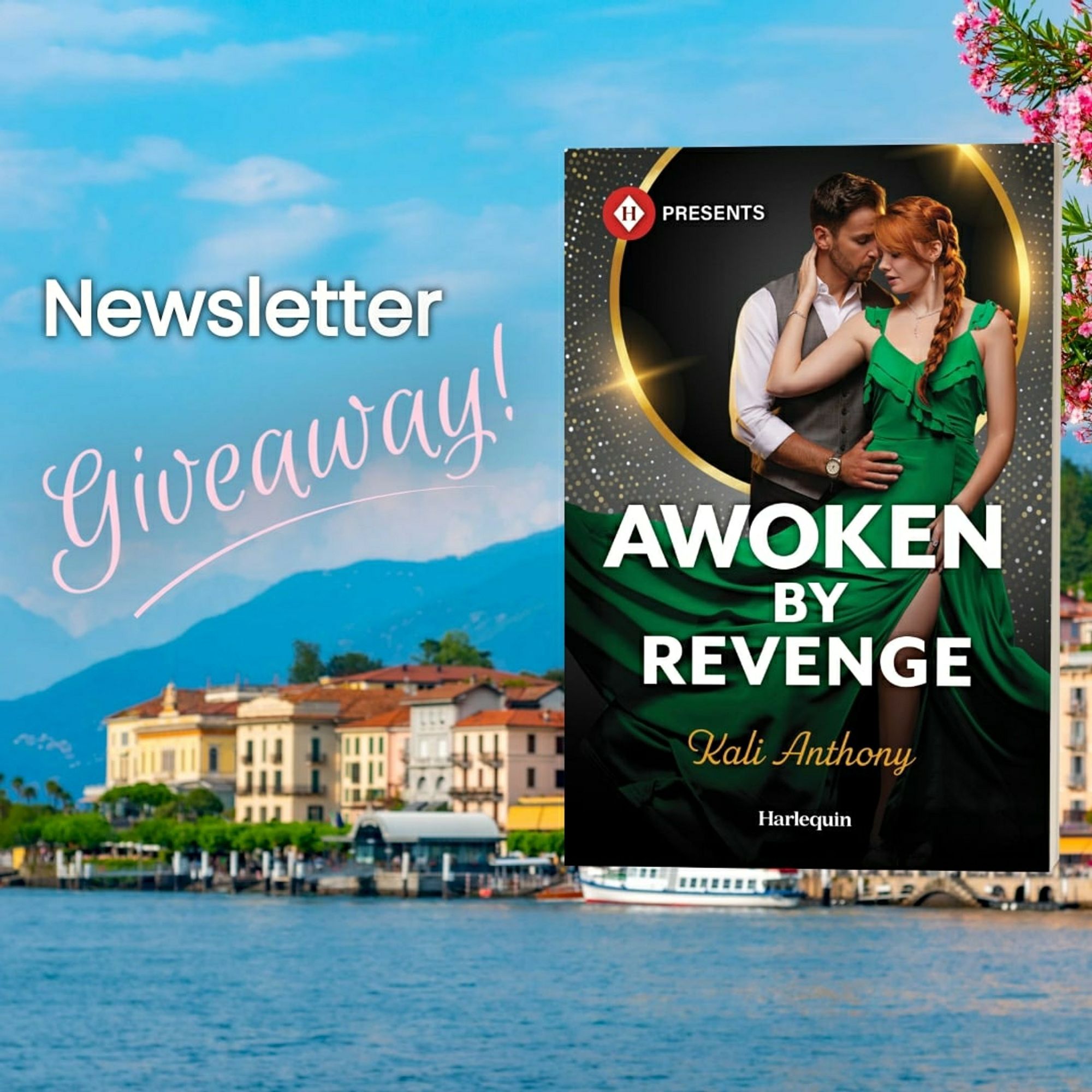 Background of Lake Como. Words in white and pink Newsletter Giveaway! Book cover of Awoken by Revenge overlaid.