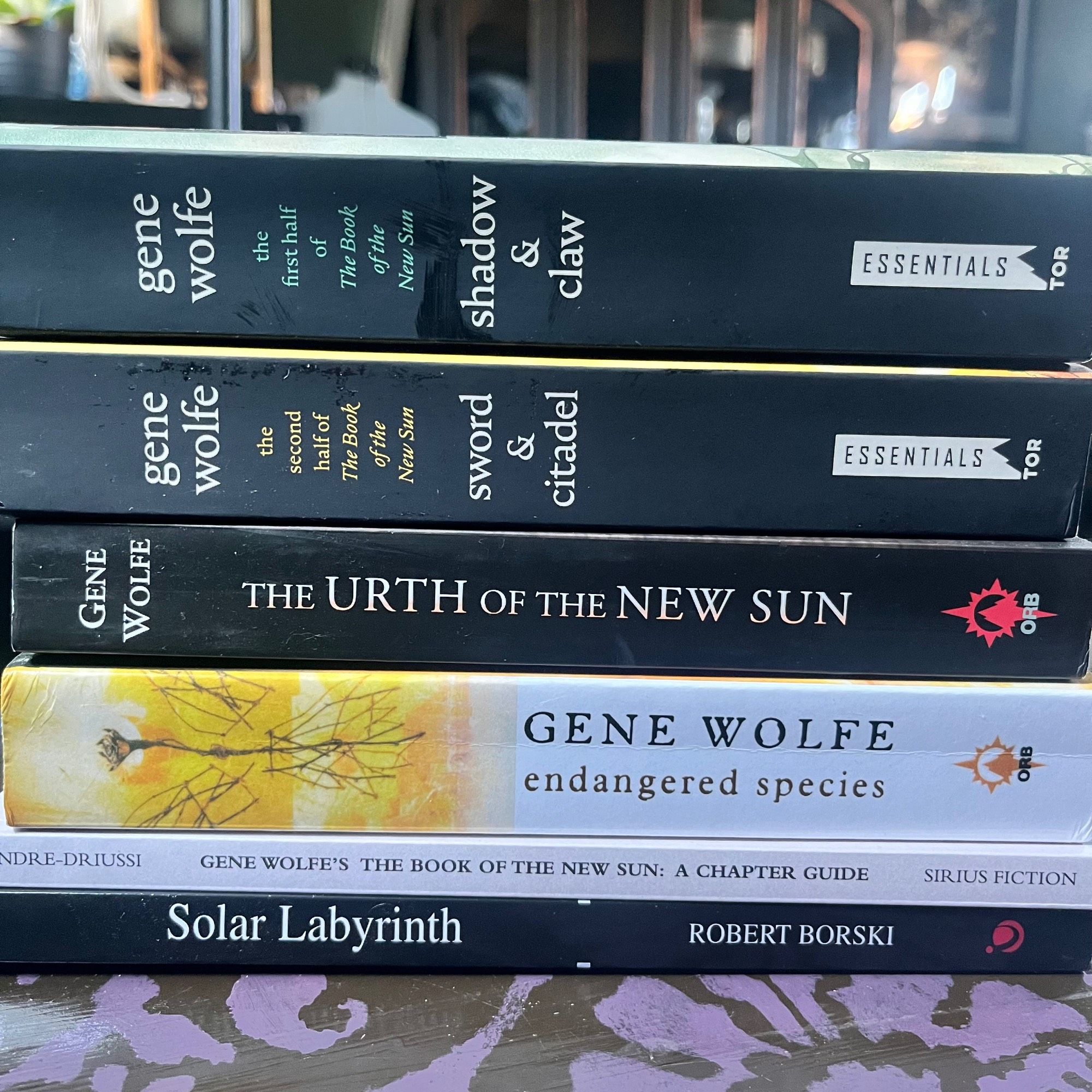 Stack of books: Gene Wolfe’s Book of the New Sun series, plus his short story collection Endangered Species, a chapter guide for the series, and Solar Labyrinth by Robert Borski.