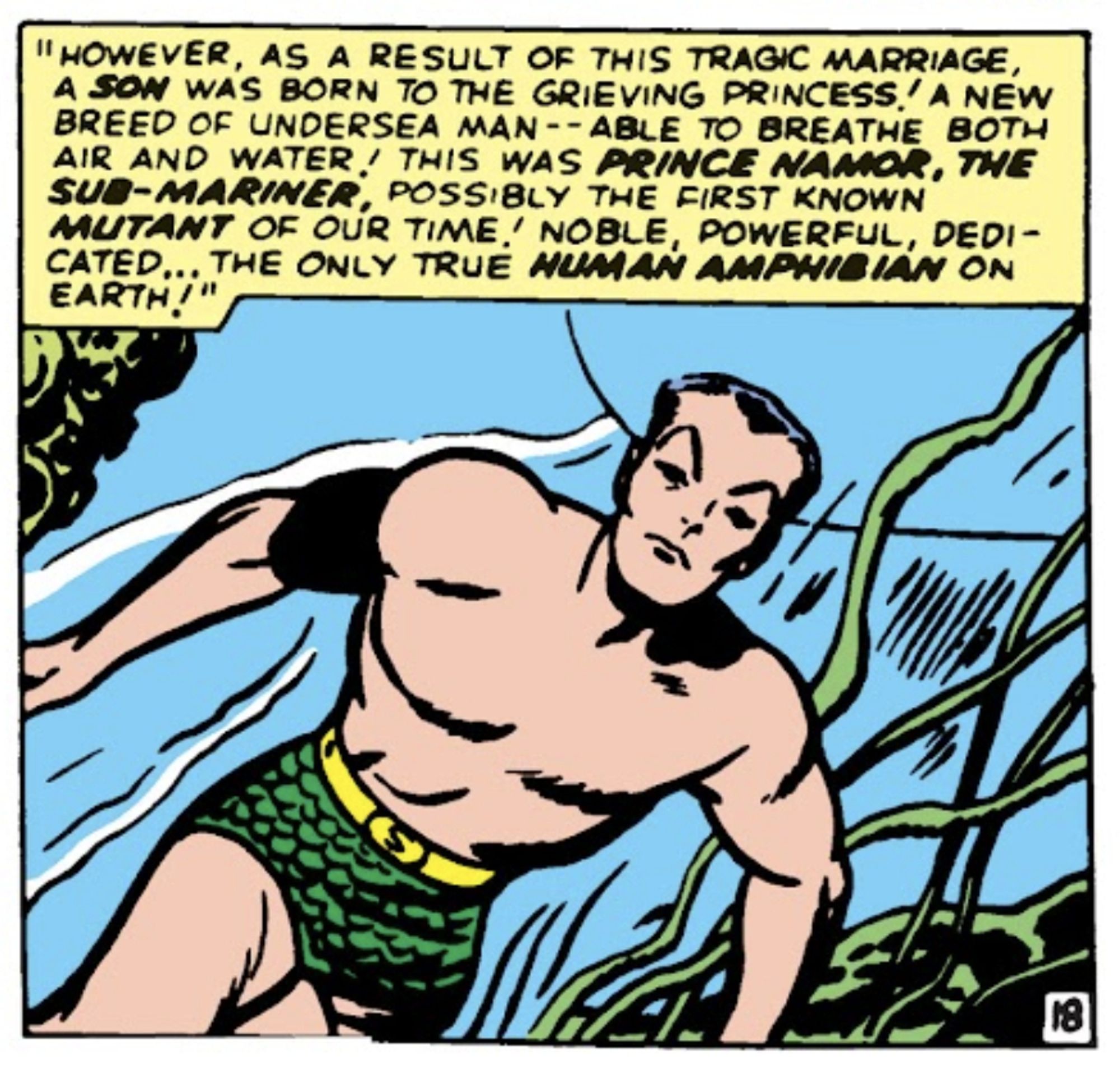 Caption describing Namor as "Possibly the first known mutant of our time!"