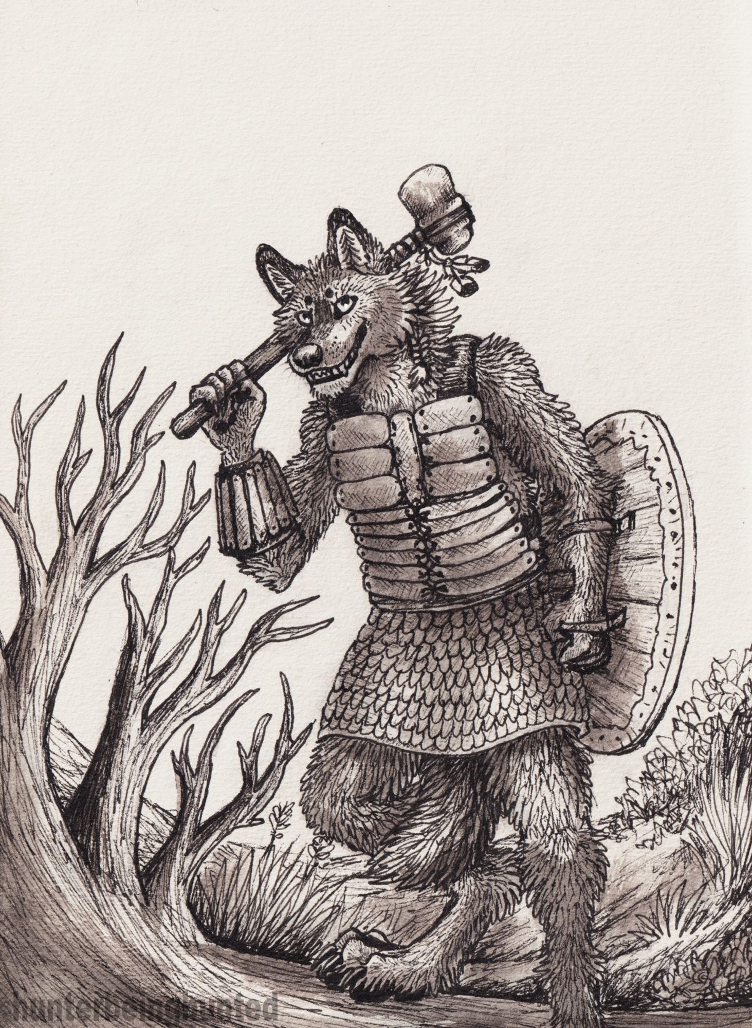 Anthro wolf warrior smiling and posing proudly with a bone armor and a stone axe and a wooden shield.