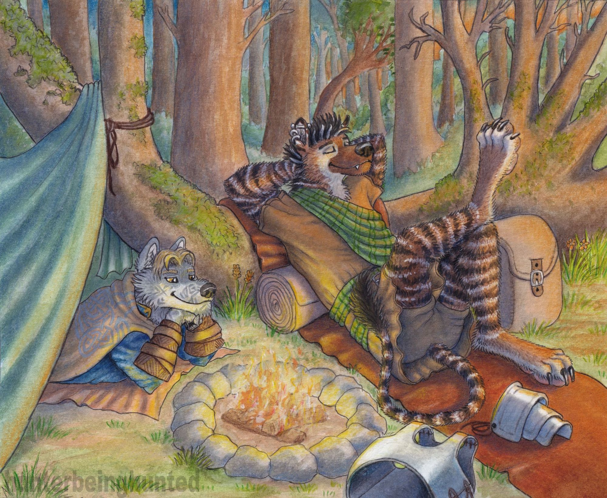 Two anthro characters relaxing at a campfire ina  forest int he evening light. The anhro wolf is laying down under a tarp next to the fire, and the zebra-hyena hybrid is resting against a fallen tree relaxing with his eyes closed and his armor laying on the ground beside him.