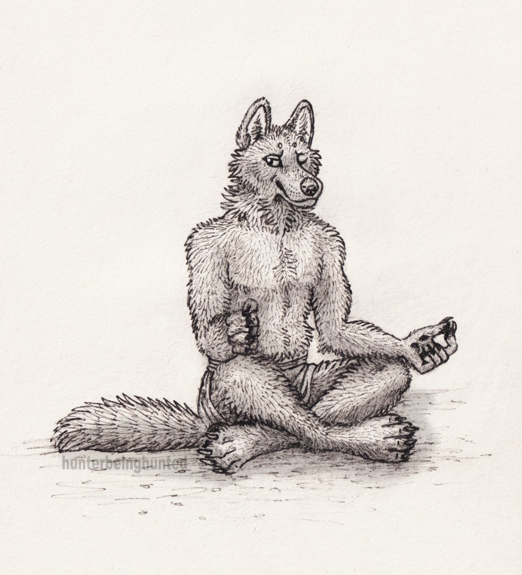 Anthro Wolf sitting on the floor cross-legged and meditating, with other eye held open and peeking and looking to the side.