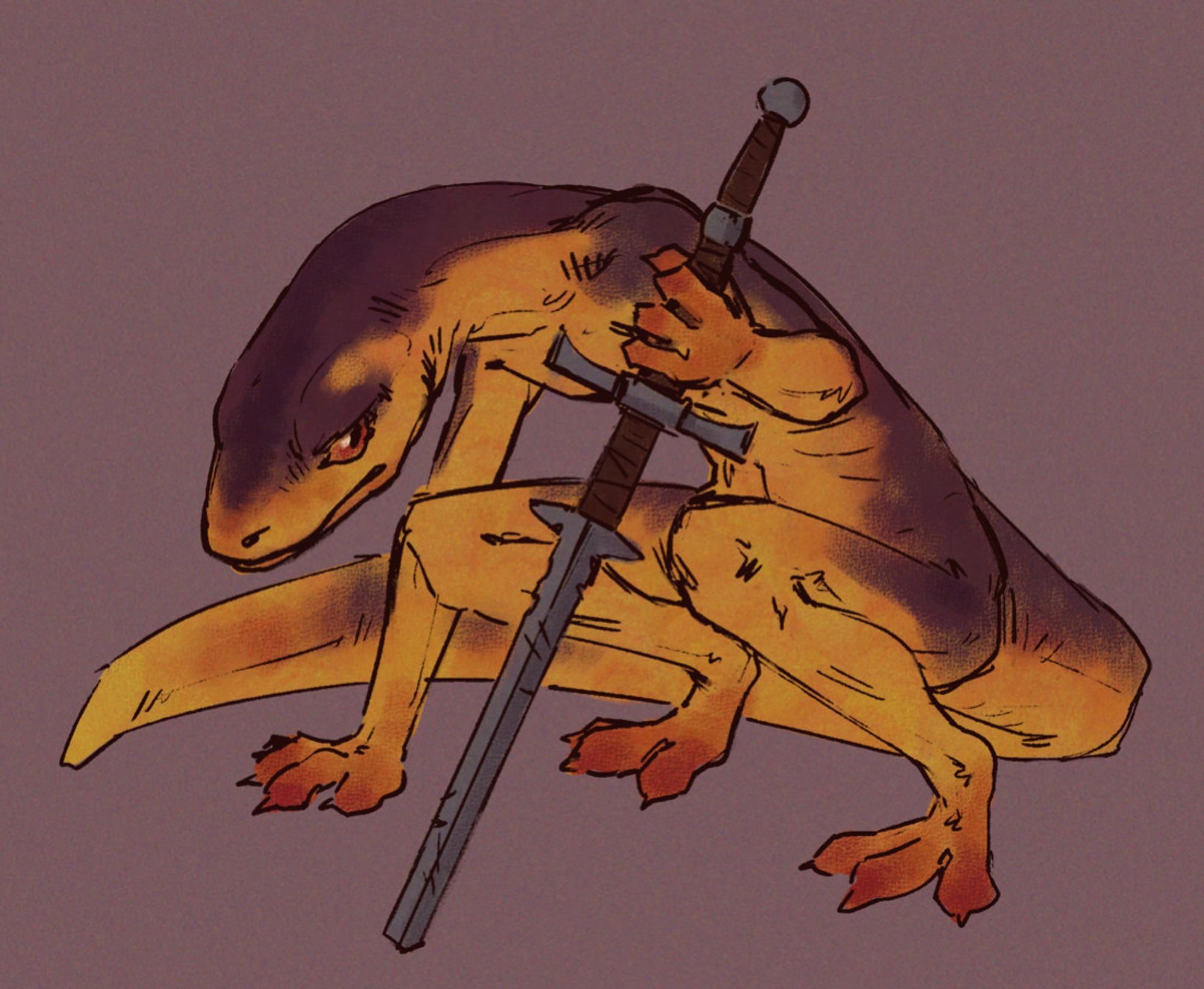 salamander holding a broken zweihander sword