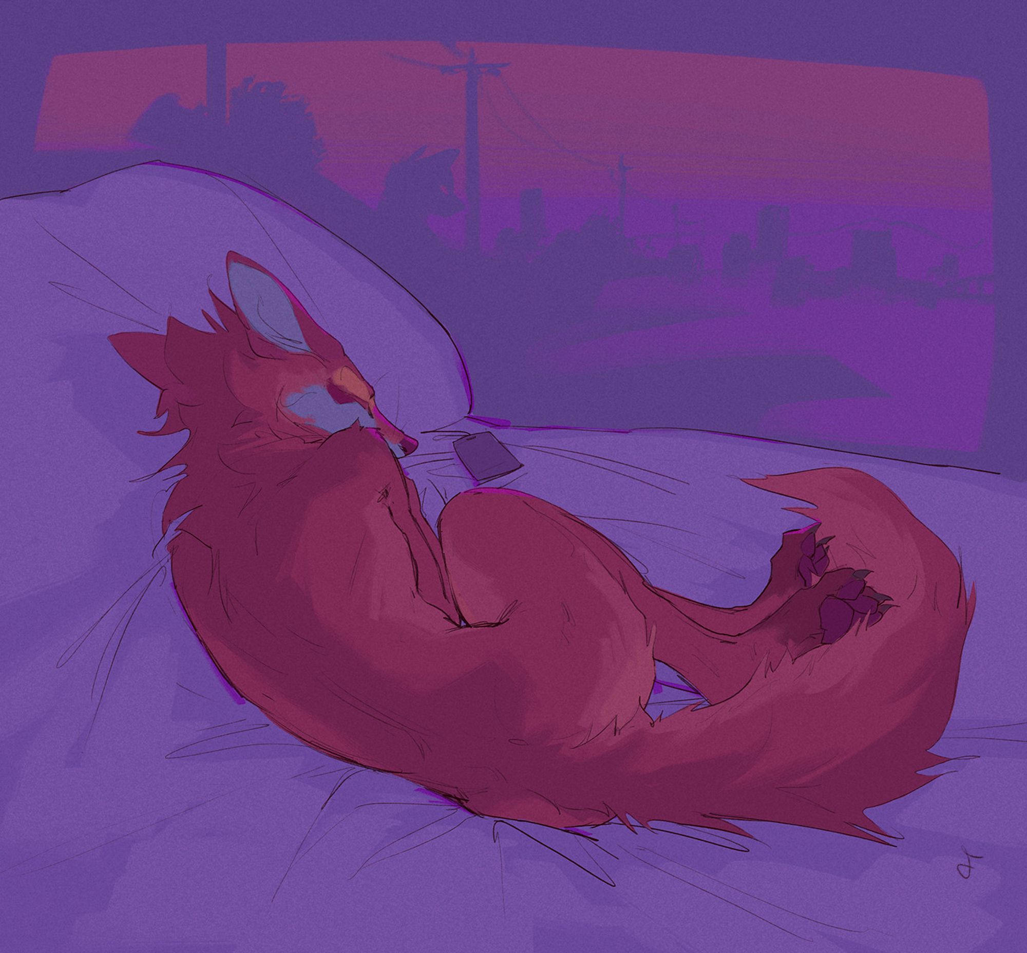 painting of a anthro fox curled up and sleeping