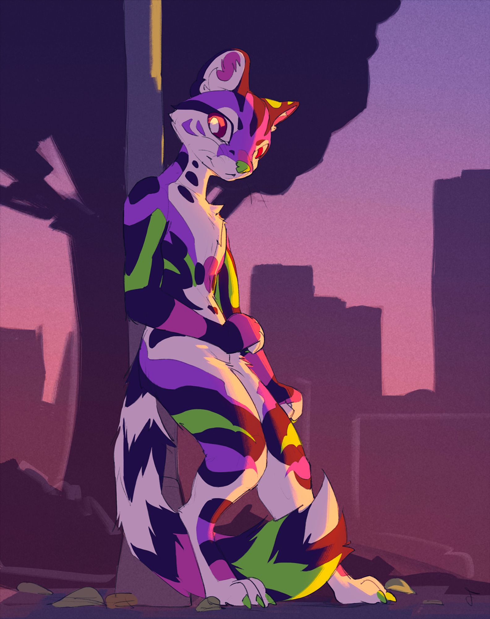 A painting of an anthro ocelot that is leaning against a street light in a sunset