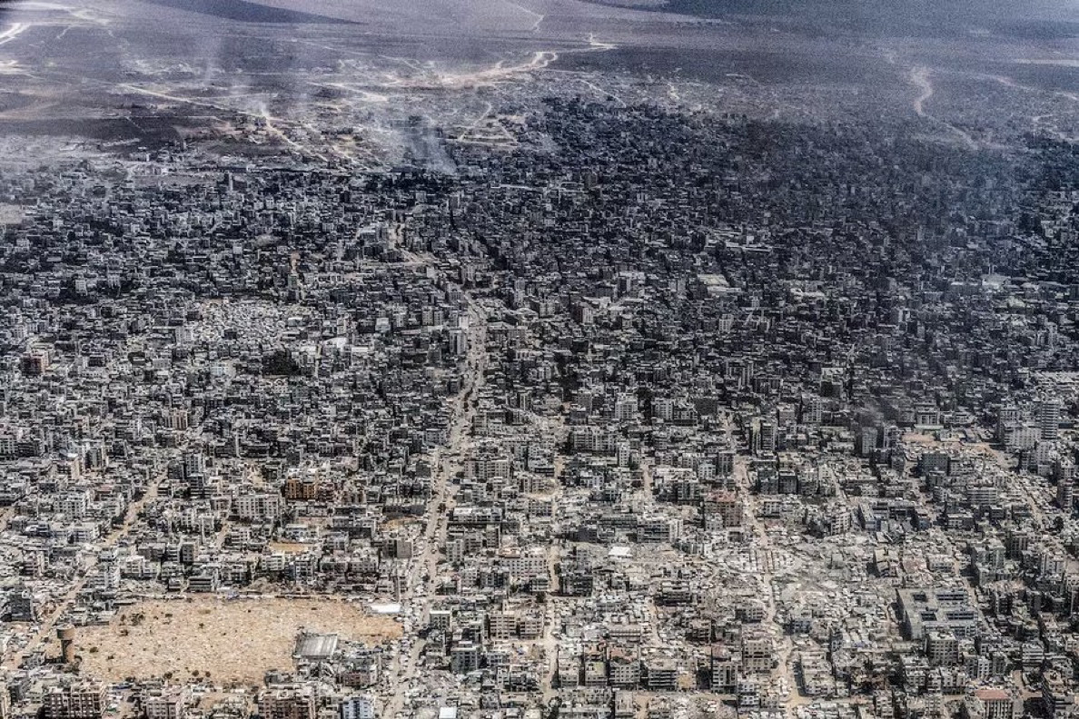 Aerial photo of the destruction of Gaza City by Heidi Levine