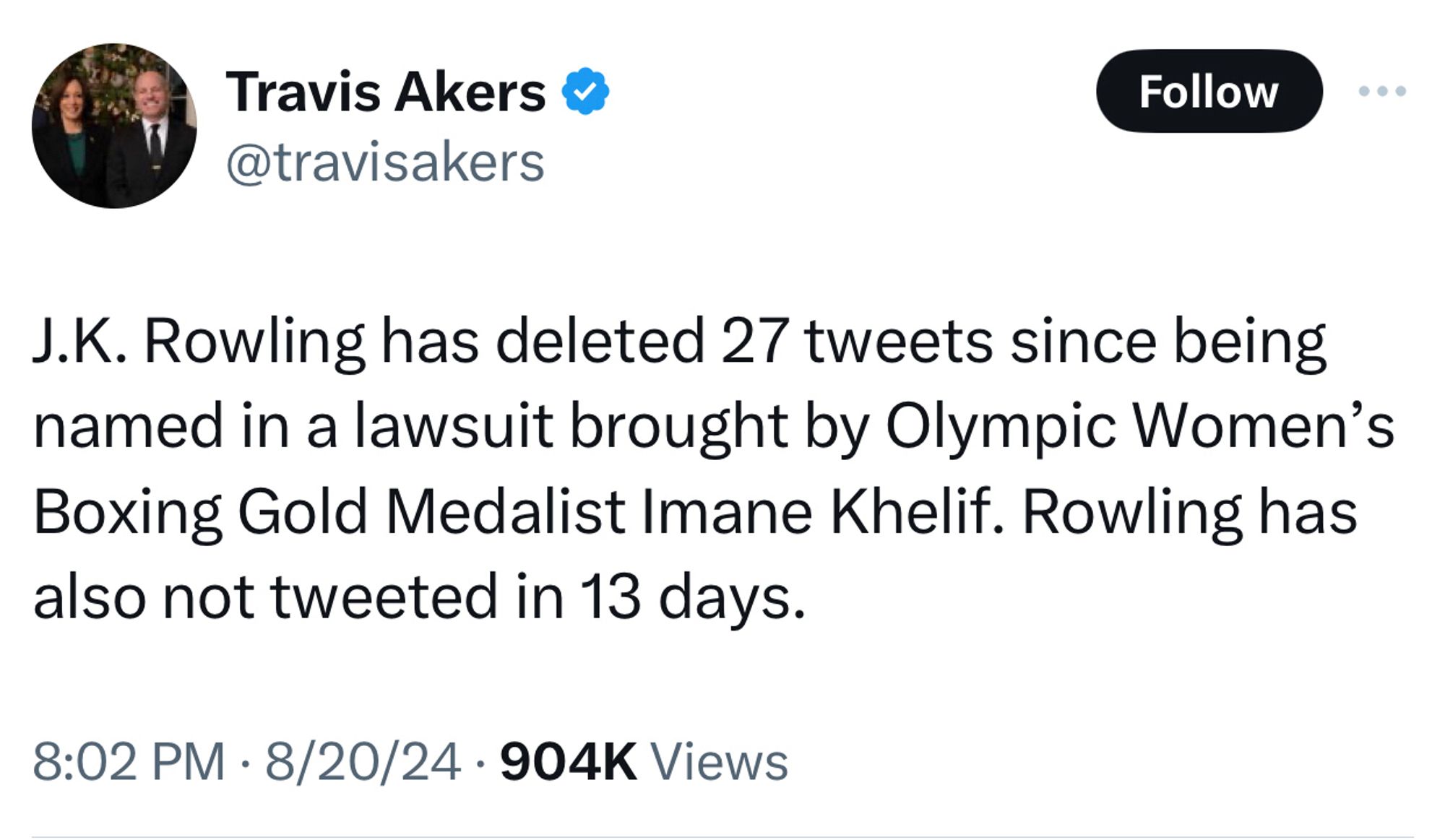 J.K. Rowling has deleted 27 tweets since being named in a lawsuit brought by Olympic Women’s Boxing Gold Medalist Imane Khelif. Rowling has also not tweeted in 13 days.