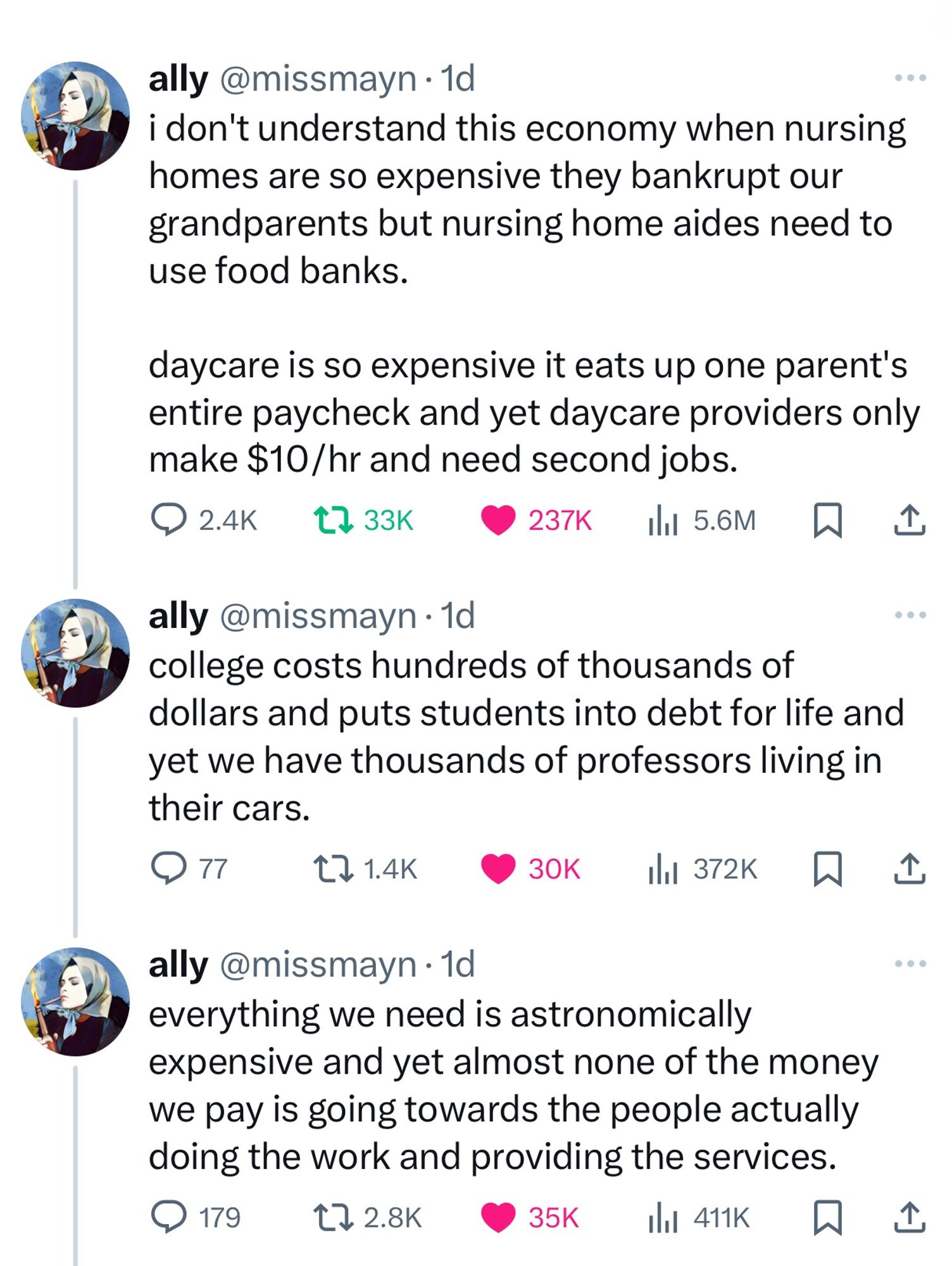 i don't understand this economy when nursing homes are so expensive they bankrupt our grandparents but nursing home aides need to use food banks.

daycare is so expensive it eats up one parent's entire paycheck and yet daycare providers only make $10/hr and need second jobs.