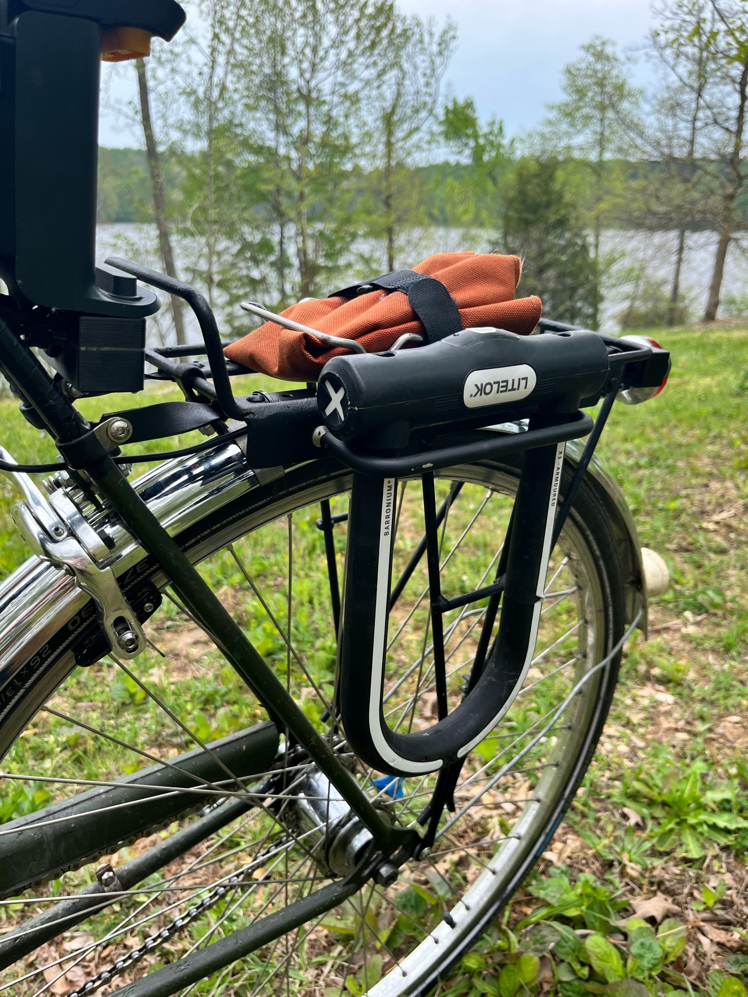 Rear end of a bicycle with a black rack and silver fenders. A u-lock hangs from the rack, attached by a folding bracket. The bicycle rests on a grassy area, with trees and a lake in the background.