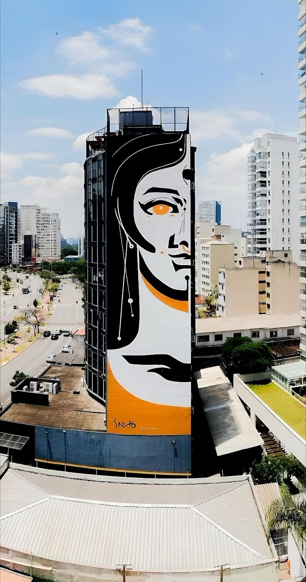 Streetartwall. A large, stylized portrait of a face was sprayed/painted on the exterior wall of a modern high-rise building of around twelve storeys. The female figure is painted in orange, black and white. The painting style is modern and graphic, with clear contrasts between black lines and white areas. The female figure's facial features are sharp and angular, she is only half-painted, has long black hair and is wearing elongated earrings with small pearls. 
The surroundings in the photo are a cityscape with other skyscrapers. The photo was taken from the height directly opposite.