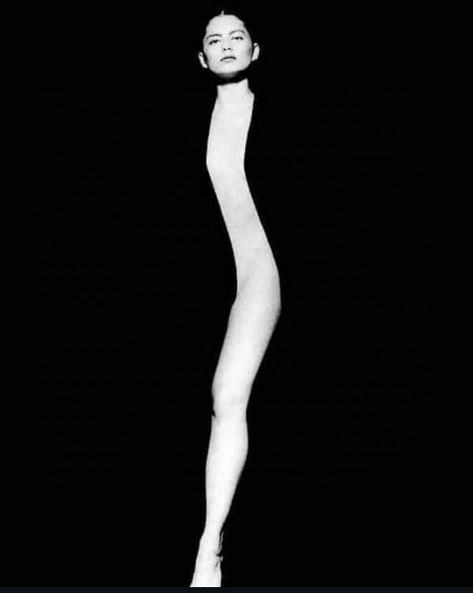 Photography. The black and white photo shows a woman wrapped in black fabric, with the exception of her face and a thin line of her naked body. At first glance, the dark-haired woman appears as an unnaturally long, jagged line with a small head. Only on closer inspection do you realize that the line is a "normal" figure from head to toe and that the rest of the body is completely covered in black. An iconic photo.
Info: The image was acquired by Metro-Goldwyn-Mayer Studios, who commissioned a similar photo as a poster for the film "Showgirls". It also adorns several photo book covers.