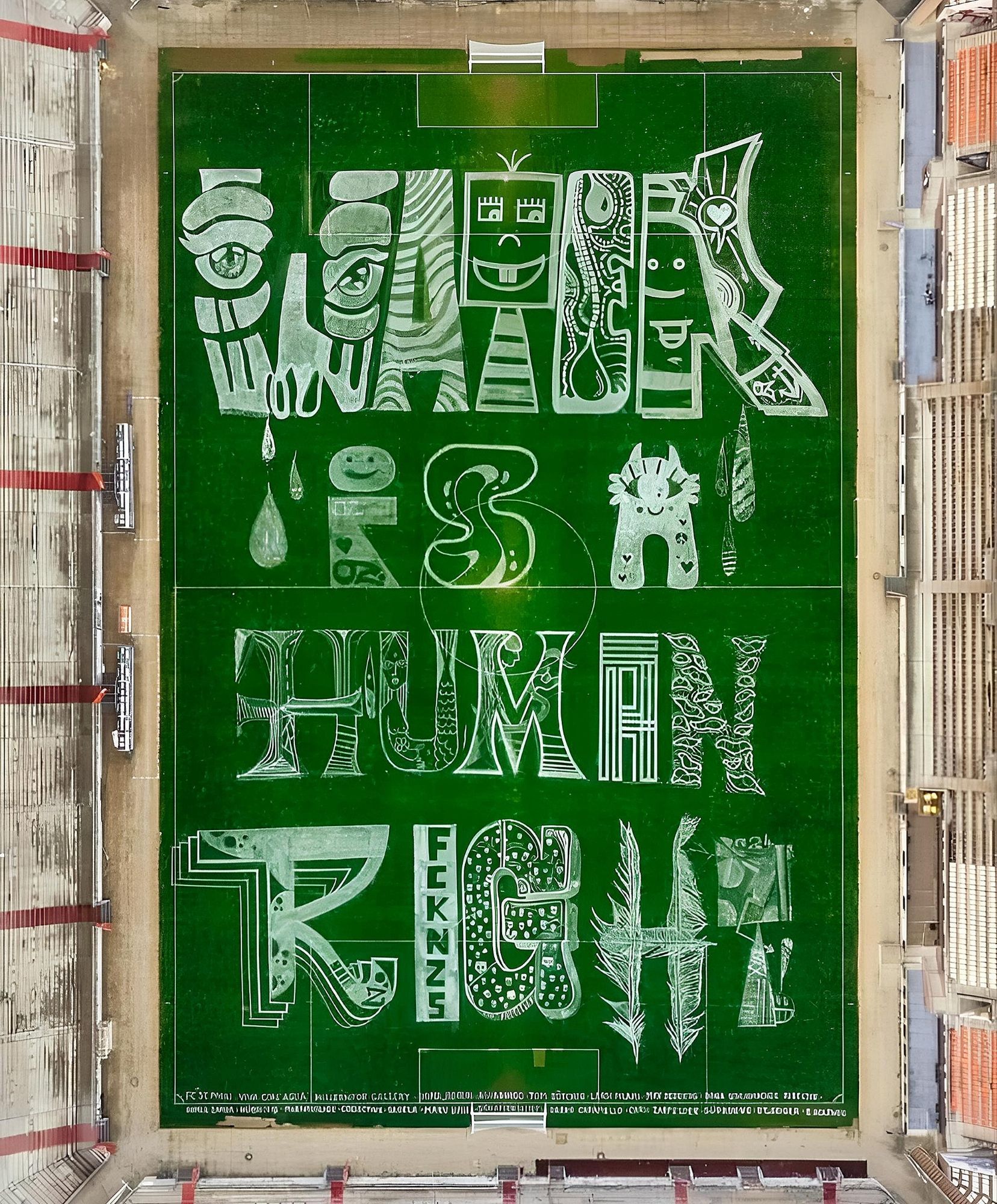 Streetartwall. The lettering "Water is a human right" was sprayed onto the grass of a Hamburg soccer stadium using white spray paint. The individual letters are richly decorated with various patterns and figures. Drops of water, faces, feathers and more create a large floor painting with the important message.