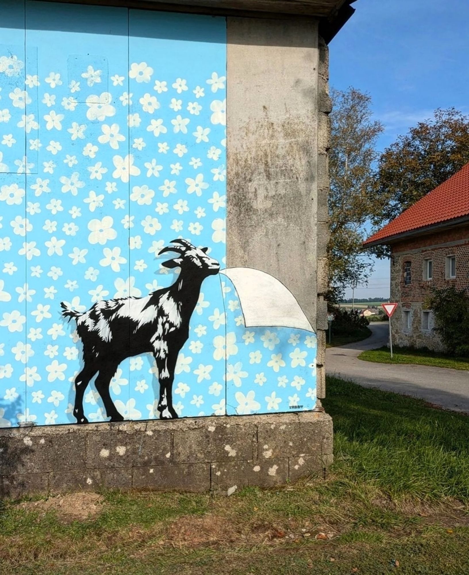 Streetartwall. A large mural with a wallpaper-eating goat was sprayed/painted on an old gray house wall. The wall was first painted light blue and then sprayed with white flowers using stencils. The wall looks as if it is covered in floral wallpaper. In one corner, a black and white goat can be seen tearing off the wallpaper and nibbling on it. A cool idea for an otherwise boring wall.