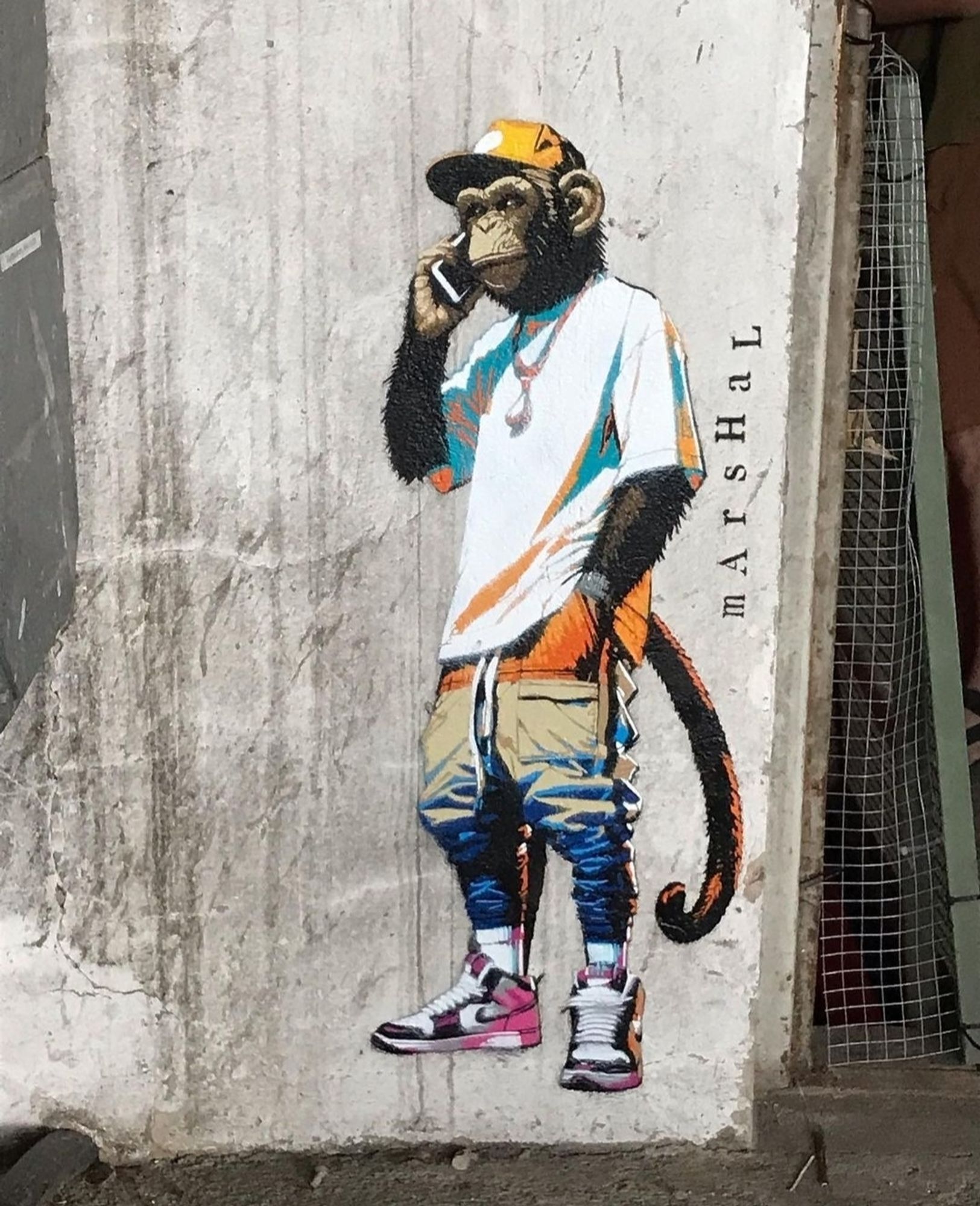 Streetartwall. A paste-up with a fashionable monkey has been stuck on a concrete wall. The monkey is standing upright and has a cell phone to his ear. He is wearing an orange baseball cap, a casual white T-shirt with orange and green stripes, beige cargo pants that hang very low, and white and black Nike sports shoes. The artist's name is written next to the mural.