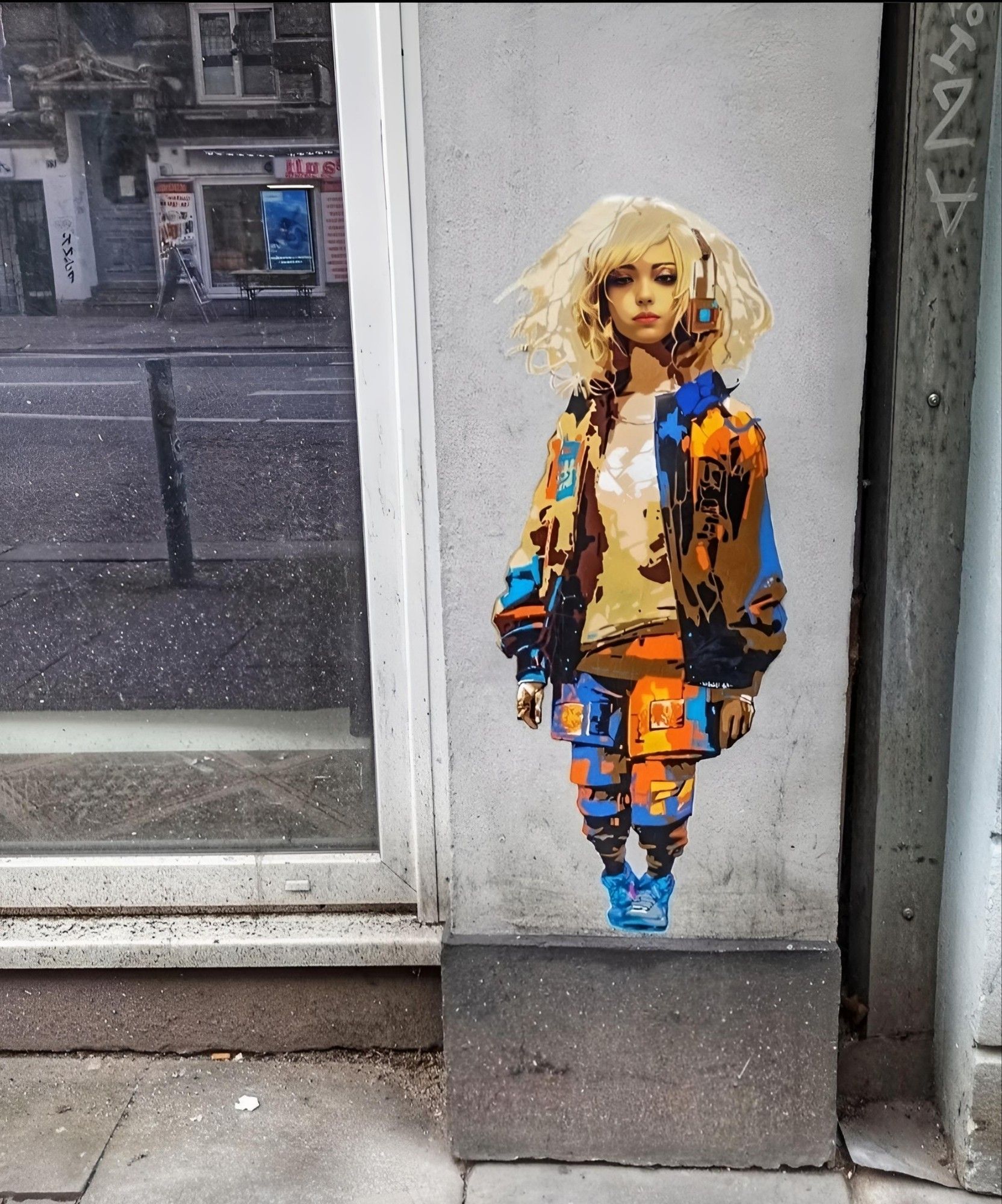 Streetartwall. A paste-up with a fashionable young woman in comic style was stuck on a narrow white wall next to a shop window. The small paste-up has a colorful design with the main colors yellow, orange and blue. The blonde girl is finely drawn and has some kind of headphones on her tousled hair. She is wearing a completely colorful camouflage-look combination of blouson and trousers with an ochre-colored T-shirt and blue sports shoes. She is looking in the direction of the viewer.