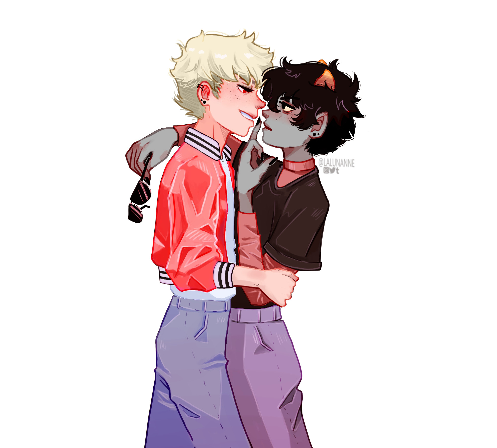 davkat fanart -- dave pulling karkat close enough that they could almost kiss, but Karkat's hand (which has the middle finger held up) is blocking him