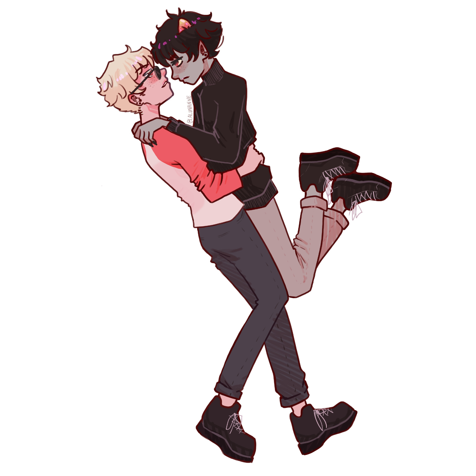 dave holding karkat (side view, karkat's legs are kicked up behind him and he looks less pleased than dave who is grinning