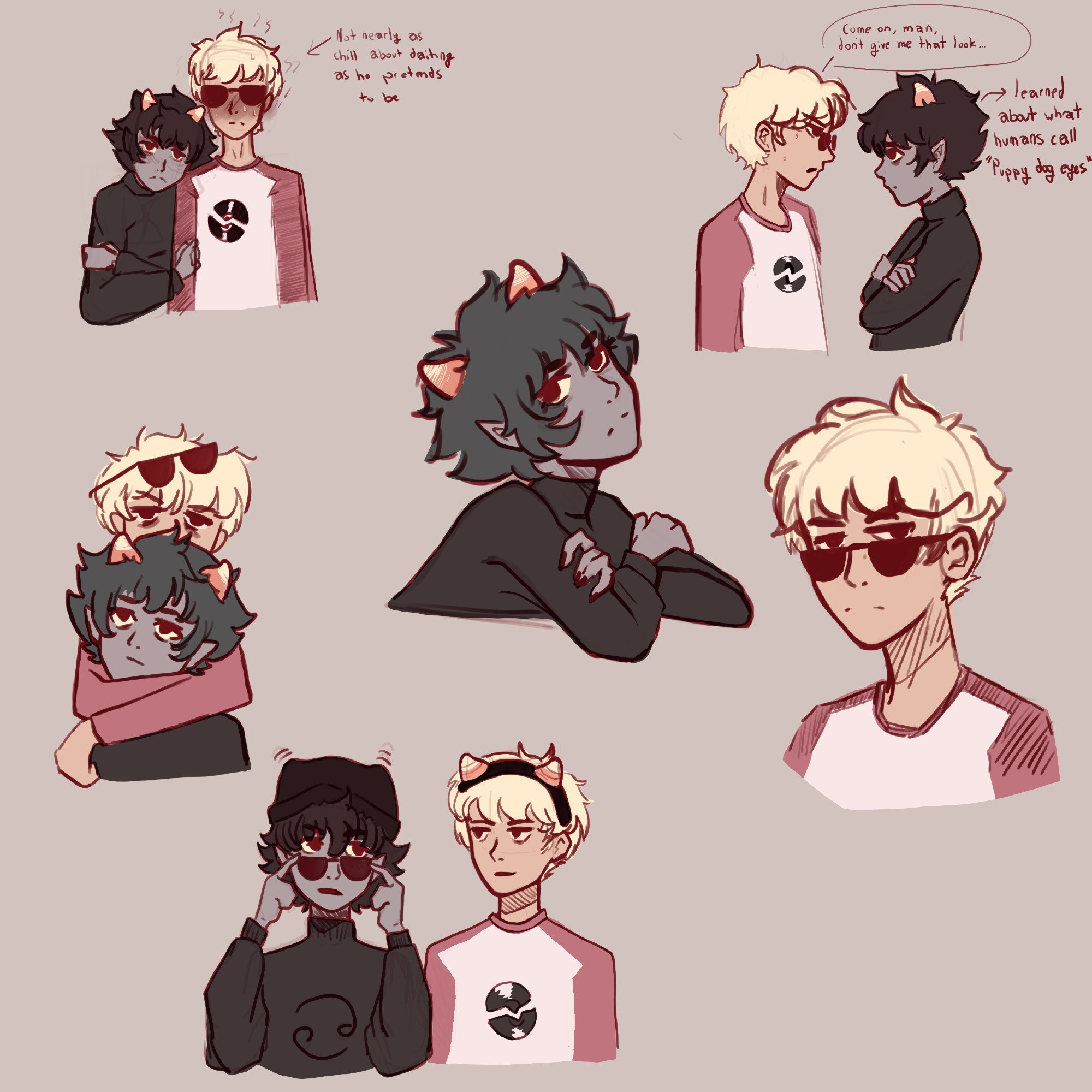 assorted davekat doodles, (1) Karkat leaning against dave while dave blushes and a caption reads "not nearly as chill about dating as he pretends to be" (2) Karkat looking up at Dave with puppydog eyes while dave looks distressed and is saying "don't look at me that way", (3) dave sleepily burring his face in karkat's hair, (4) karkat wearing a beanie and dave's glasses and dave wearing fake horns that look like karkat's