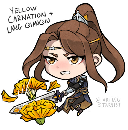 Chibi drawing of Lang Qianqiu from Heaven Official's Blessing/TGCF. He has an angry expression, teeth bared, as he chops a yellow carnation flower in two with his greatsword. 