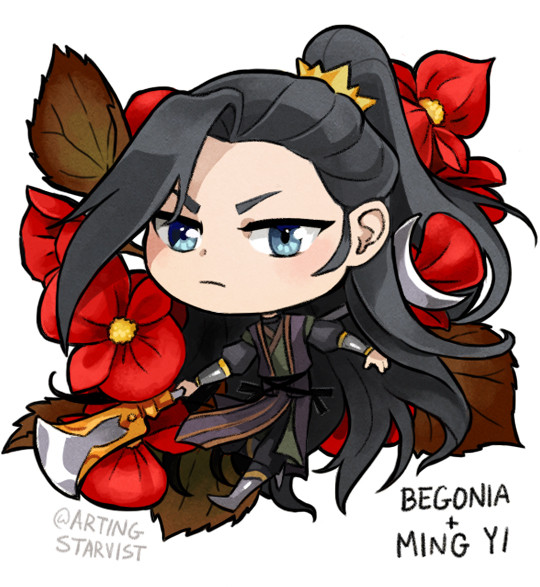 Chibi drawing of Ming Yi from Heaven Official's Blessing/TGCF, holding the Earth Master's shovel and surrounded by red begonia flowers and dark leaves. His expression is serious.