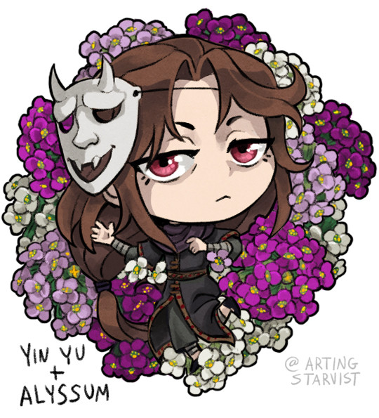 Chibi drawing of Yin Yu from Heaven Official's Blessing/TGCF. He looks like he's resting on a large circular pile of alyssum blossoms (small bundles of purple and white flowers). His face is shown, mask pulled to the side of his head, and he looks calm and tired with dark circles under his pink eyes.