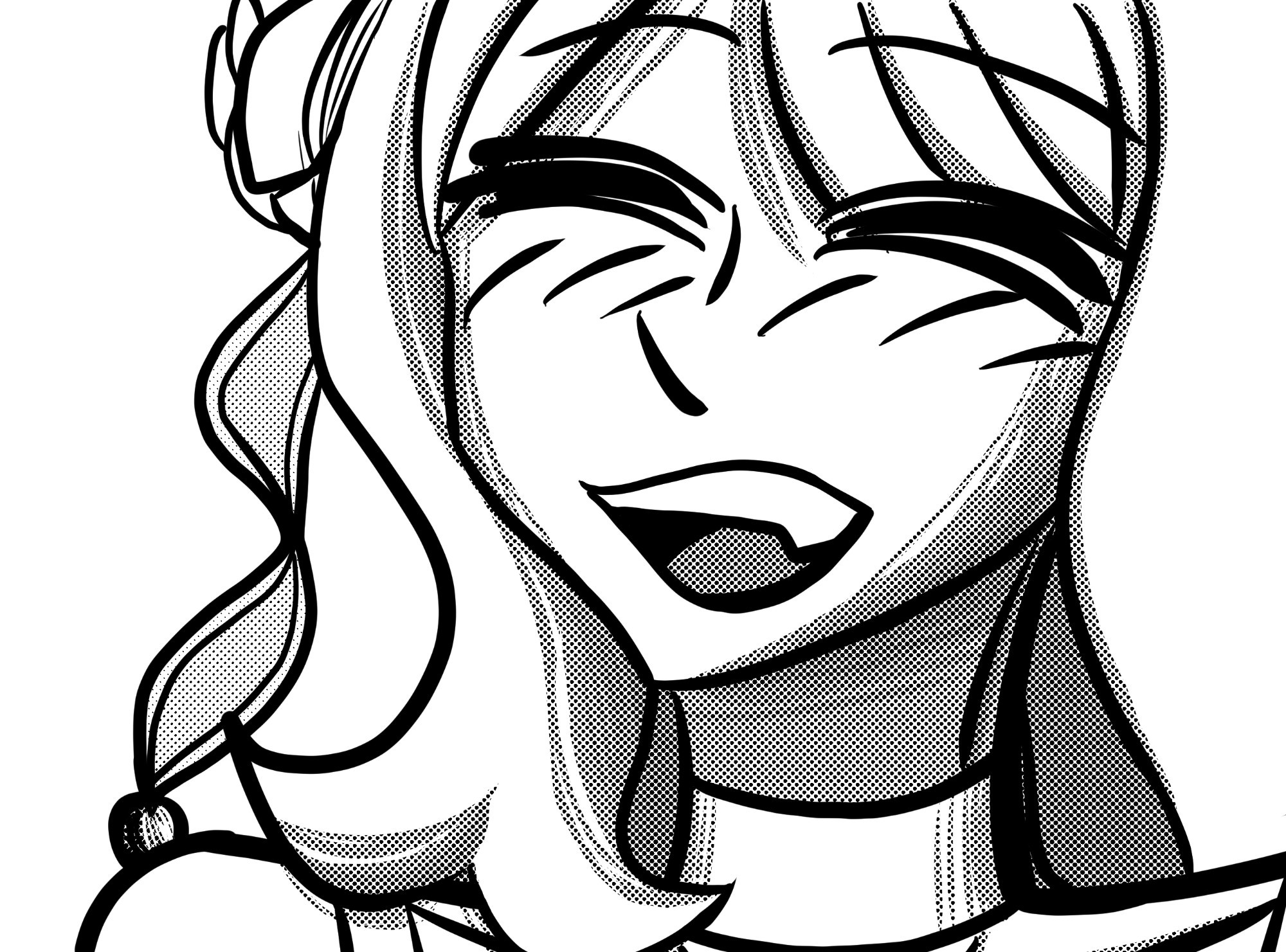 A black and white drawing of a random character I made as a reaction

(Parted bangs, curvy hair, large flower hairpin, and a choker-- she smile :3 )