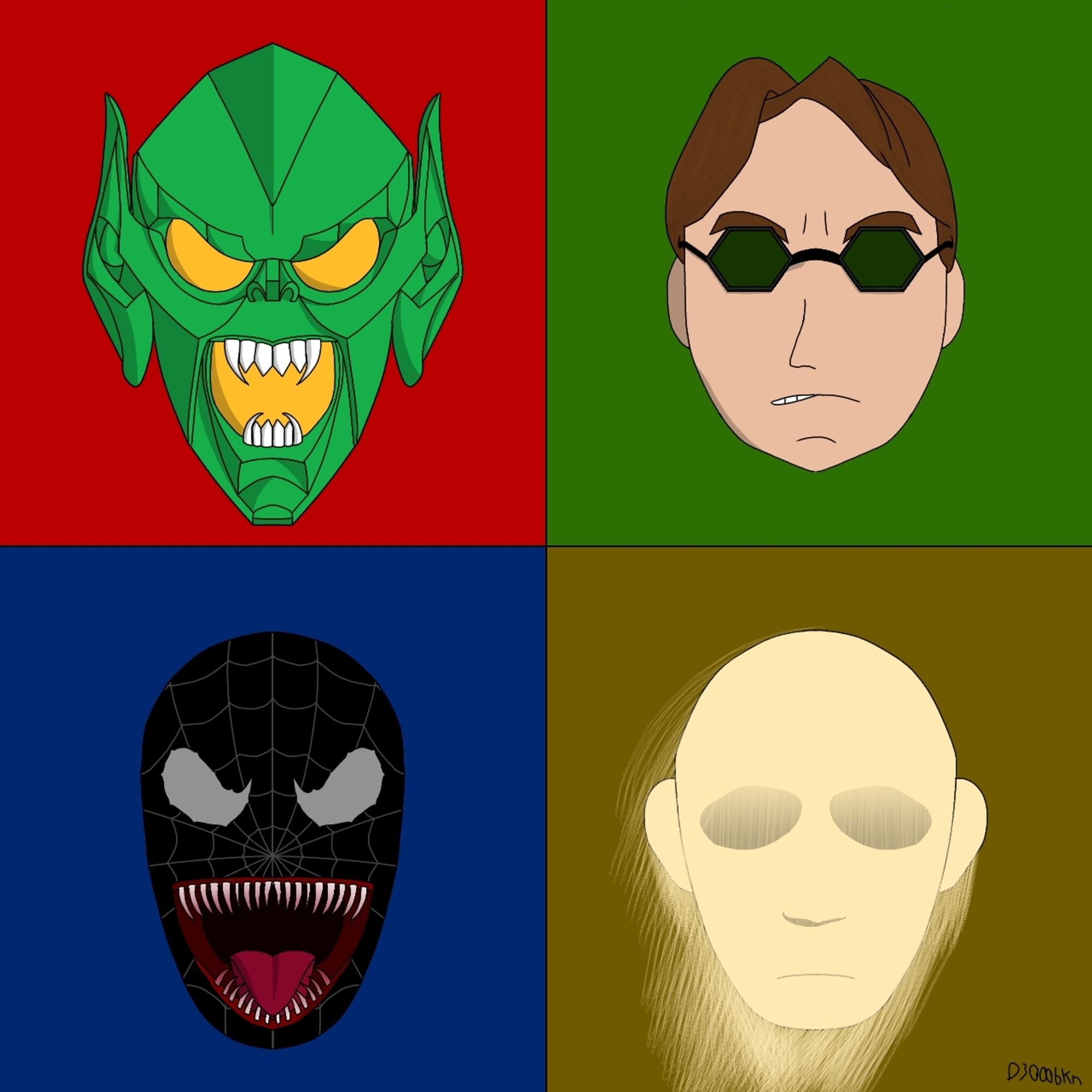 2d digital art of The Green Goblin, Doctor Octopus, Venom, and The Sandman, from Spider-Man, Pop Art style if I'm not wrong
(signature: D3000bkn)