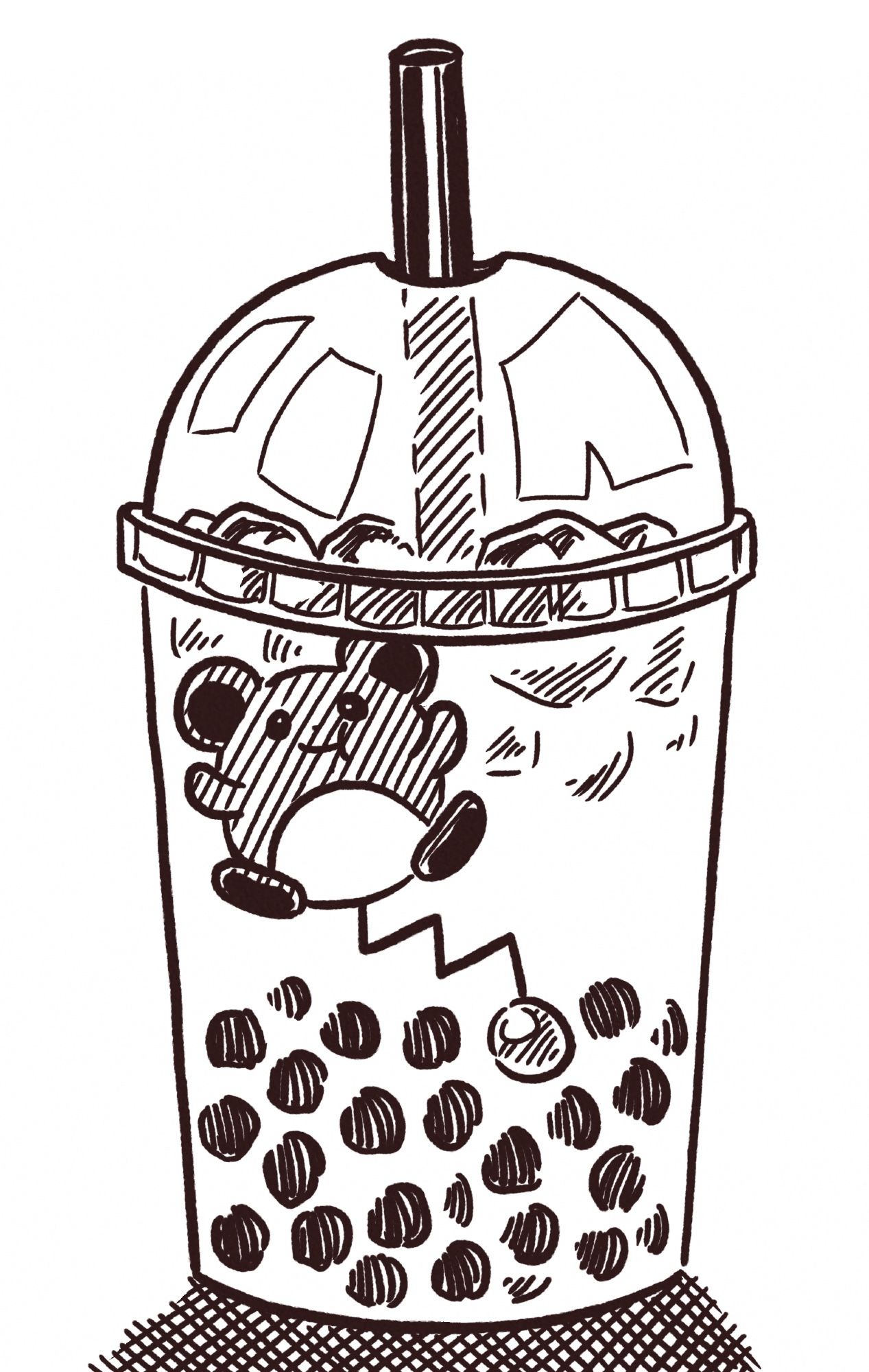 A drawing of a takeaway plastic bubble tea drink with a tiny marill floating around inside it, its tail alongside the tapioca pearls.