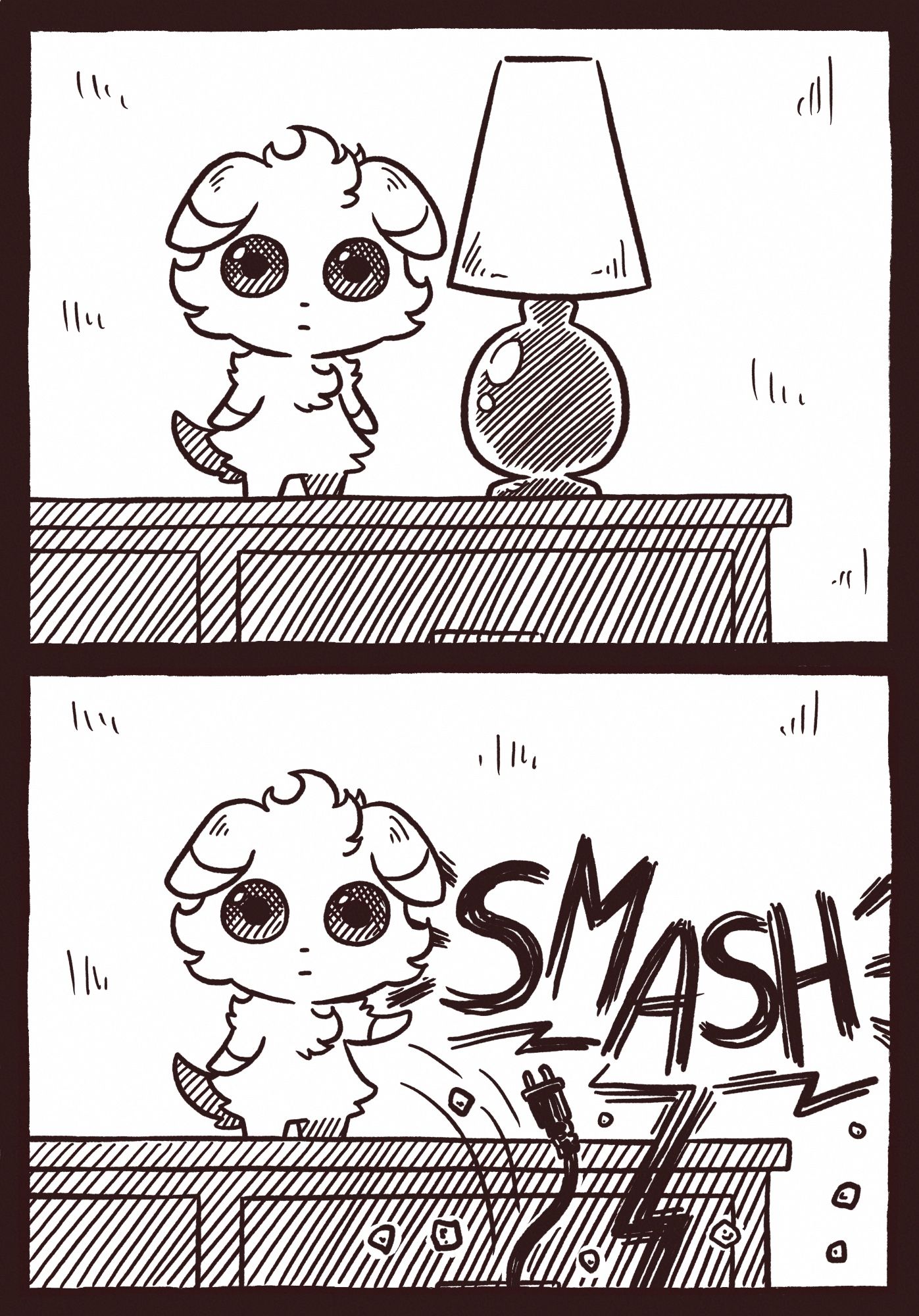 An Espurr pushing over a lamp onto the floor, cat-style. The lamp makes a SMASH sound with a bunch of pieces flying everywhere as the Espurr stands still making the same expression.