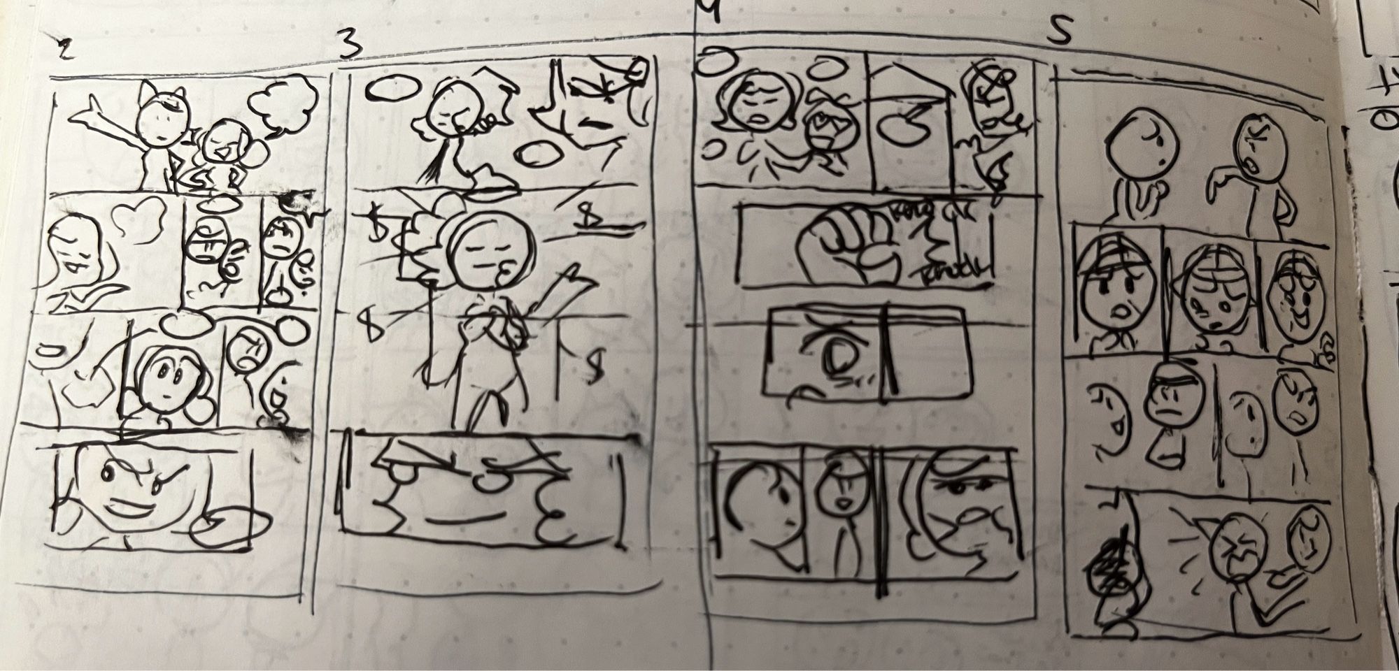 Thumbnails of pages 2-5 from Method Acting! I didn’t design the play actors yet so I instead drew Jessica and Rachel a lot of the time HA HA HA HA. Dialogue is missing because I wrote it on a notes app.