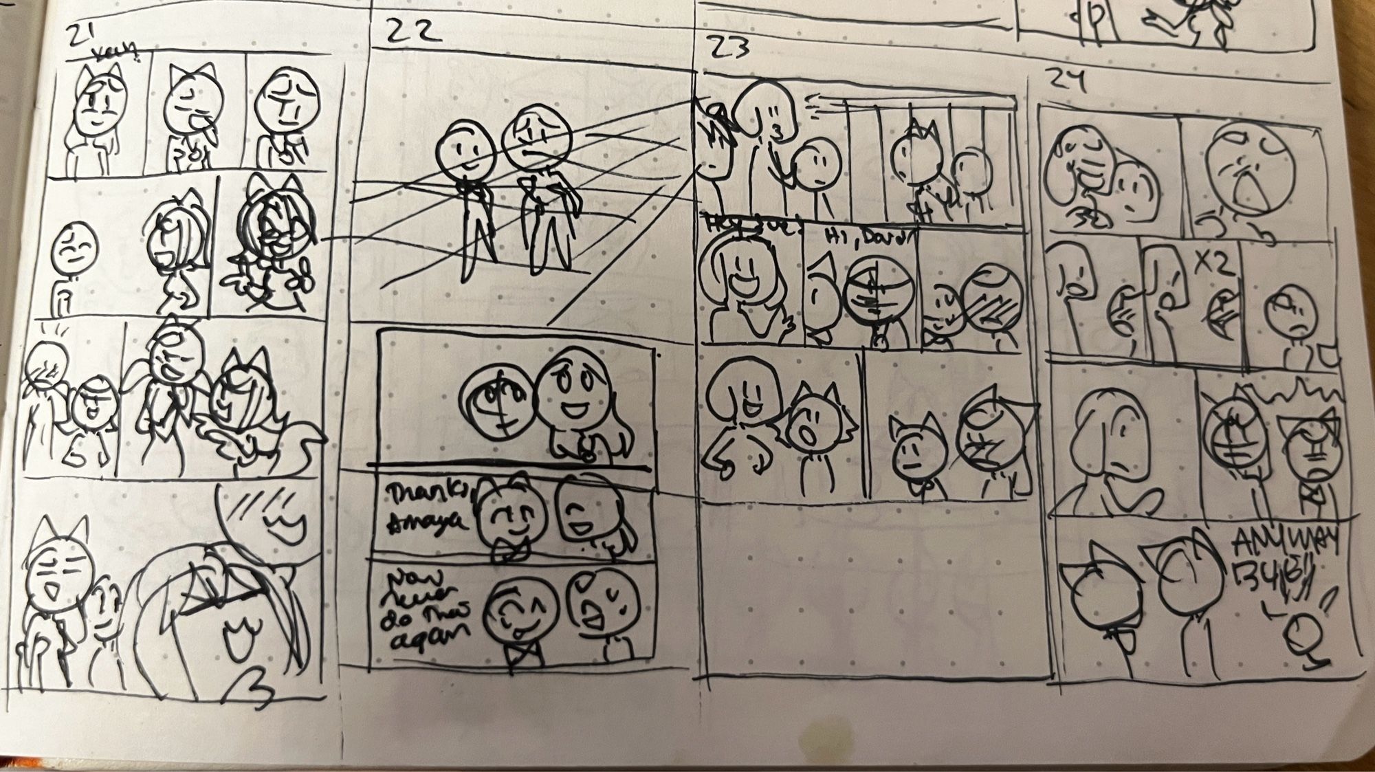 Thumbnails from a scrapped chapter. When the dialogue is minimal I write it within the panel, but the dialogue was written in a notes app otherwise so there isn’t too much context to the chicken scratch lol