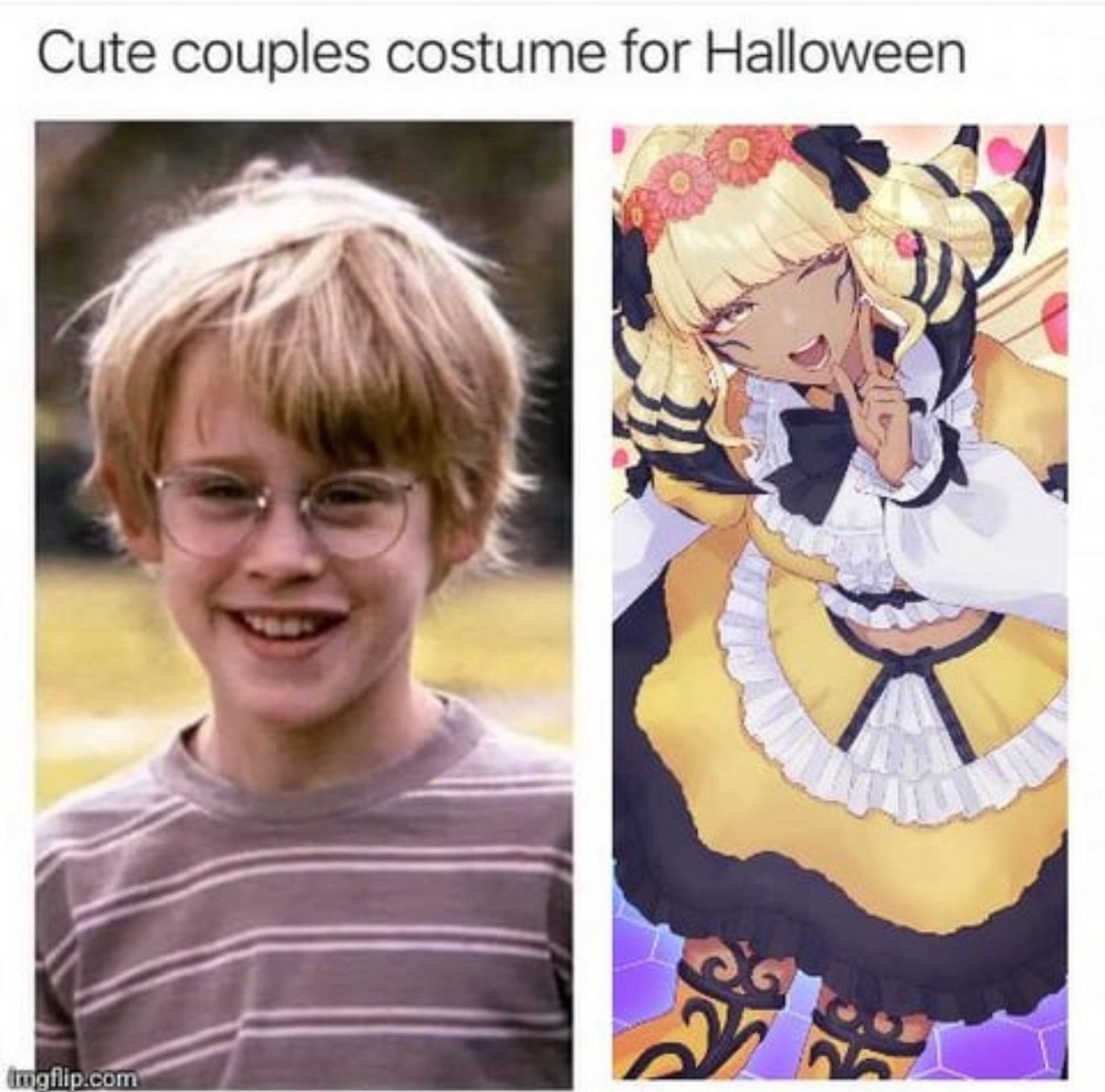 A meme showing Macaulay Culkin from My Girl , where dies from bee stings, and the Final Fantasy 14 boss Honey B Lovely, who is a bee-themed warrior. The meme reads “cute couples costume for Halloween”