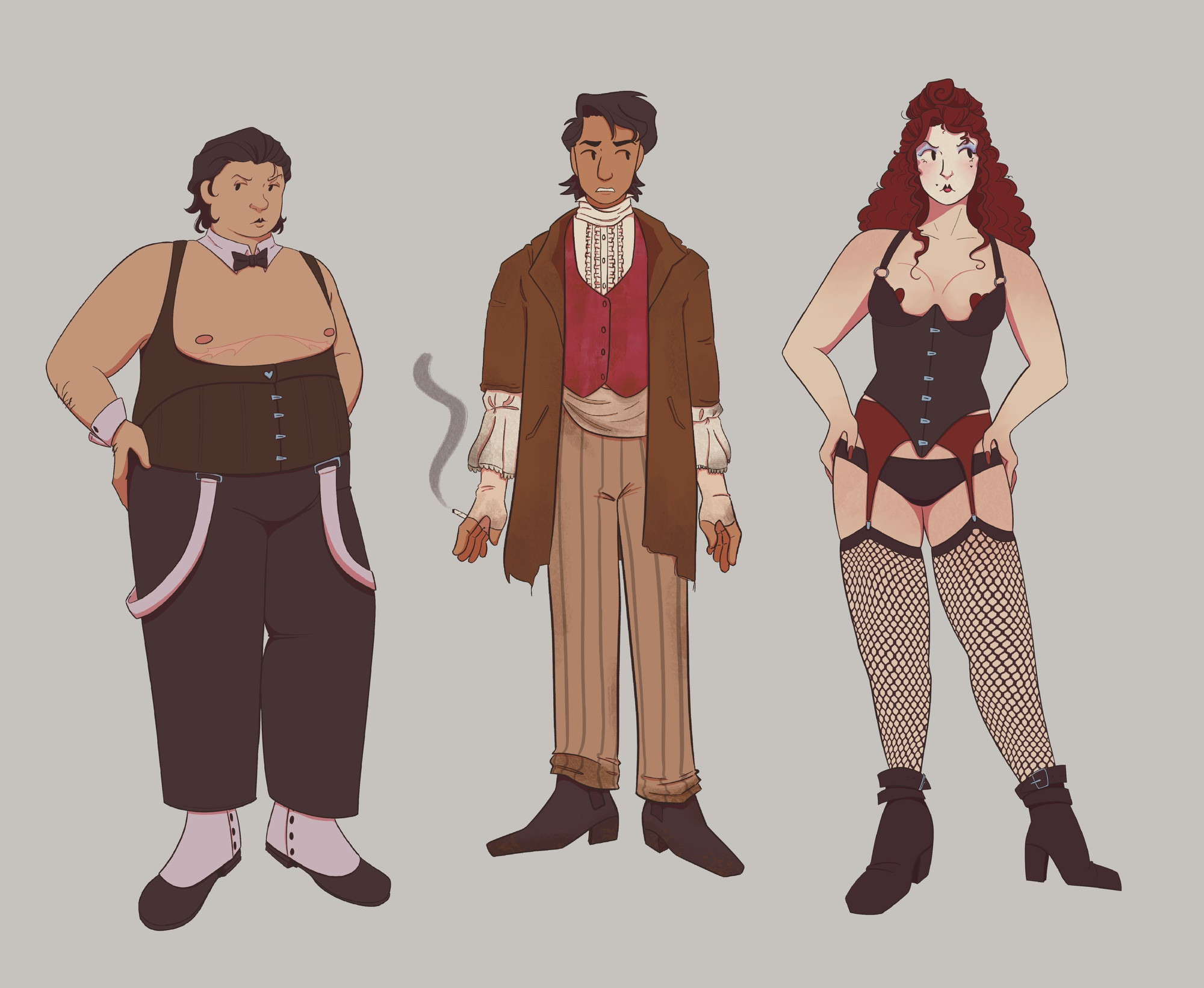 Character lineup of 3 people.

The first one is a heavier man in a corset that shows off top surgery scars, black pants, and spat shoes. 

The second is a skinny man in dirty clothes. He wears beige pants, a brown overcoat, a red vest, white button up, and black chelsea boots. 

The third is a tell woman with bright red, curly hair. She wears a corset and bra, red heart-shaped pasties, a red garter belt, black underwear, fishnet thigh highs, and black ankle high boots with leather staps and buckles. 