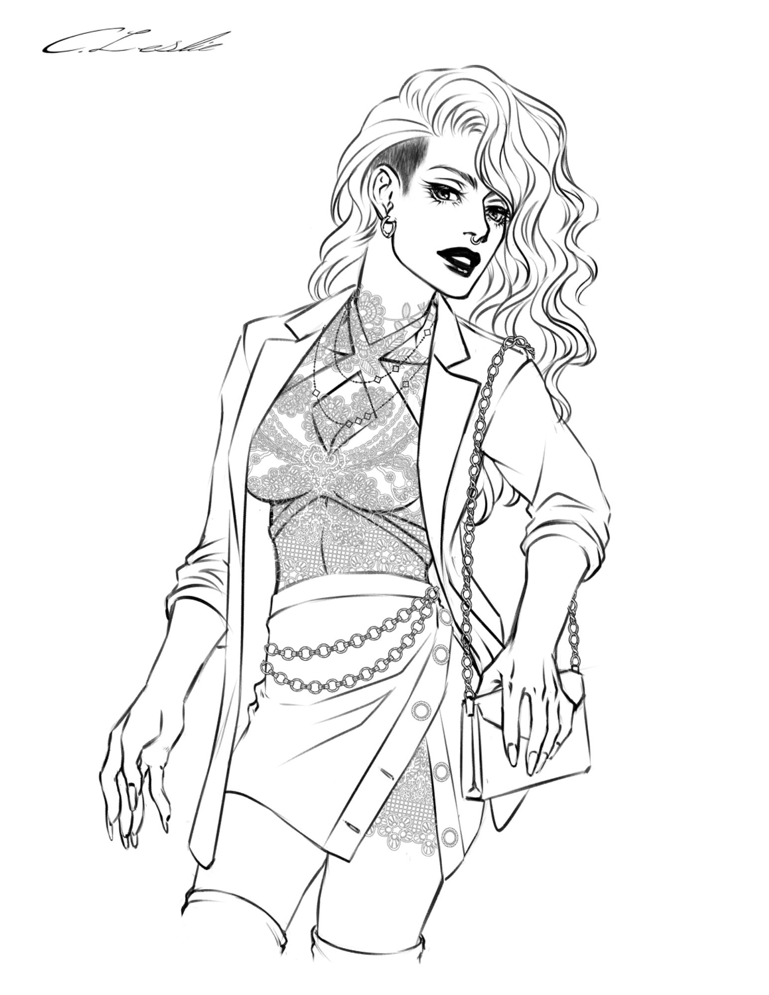 Line art of a young woman, thigh-up, with long, wavy side-shaven hair wearing a crop top and buttoned skirt ensemble with high boots and a lace underdress beneath an oversized blazer. She has a septum ring and clutches a small handbag on a chain.