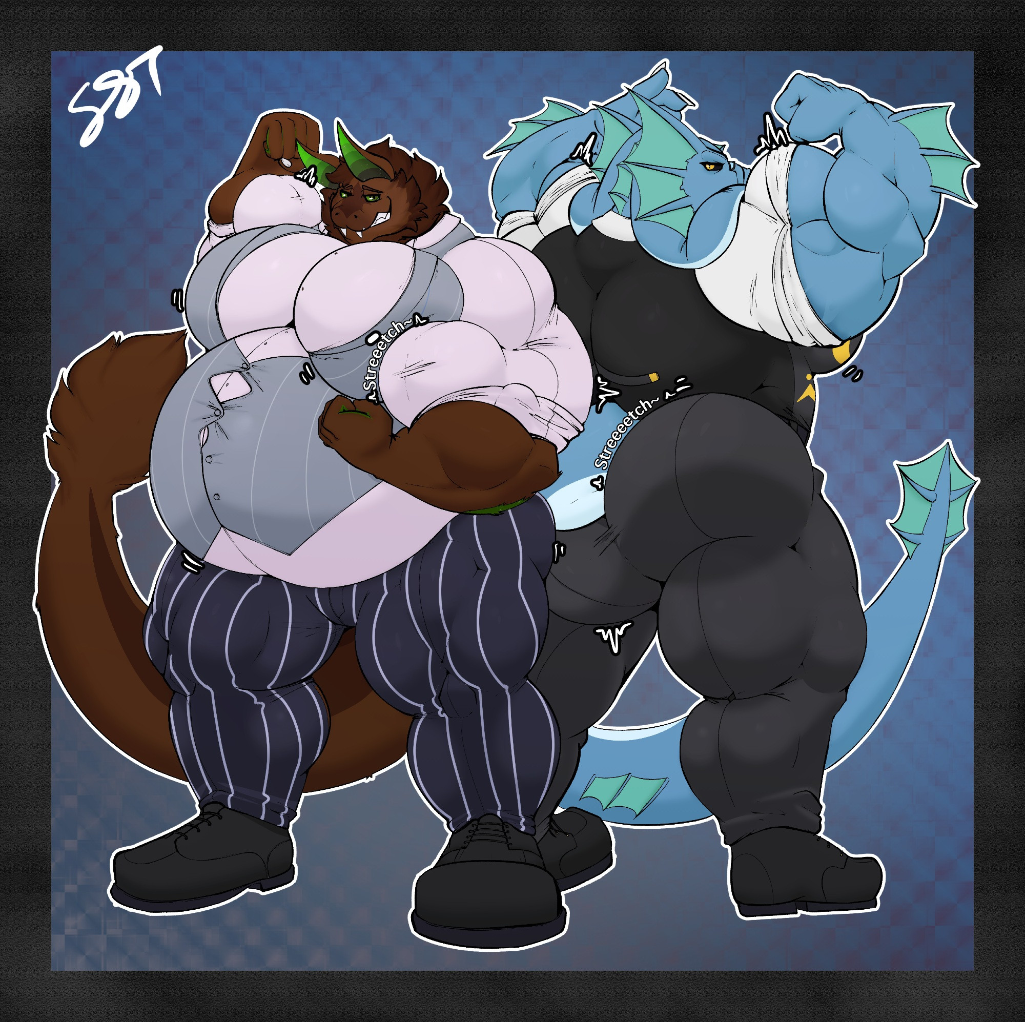 2 hyper muscled tailors flexing, stretching their respective fitted uniforms and testing their limits.
