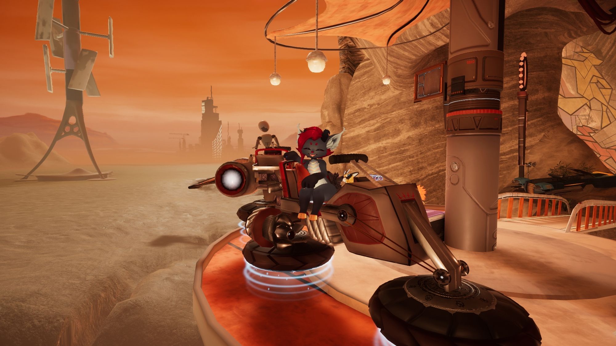 Screenshot of anthropomorphic dragon character in VR chat. She is smiling towards the camera, sat atop a futuristic bike.