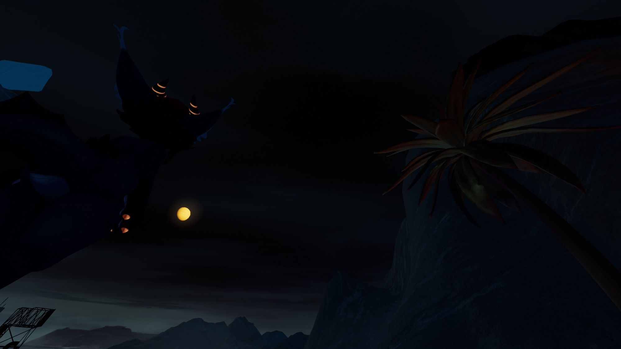 Screenshot of anthropomorphic dragon character in VR chat. She is facing the starless, dark sky behind her.