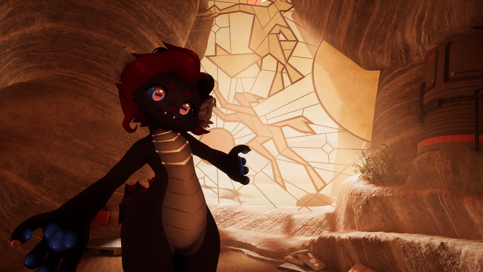 Screenshot of anthropomorphic dragon character in VR chat. She is facing the camera with her arms spread. Behind her is a glass window art of two animal characters floating around a sun and moon