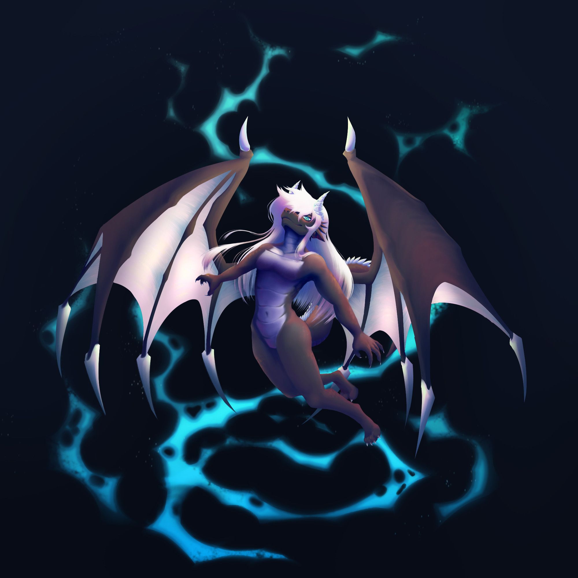 Digital painted picture of an anthropomorphic dragon character with his wings partially spread.