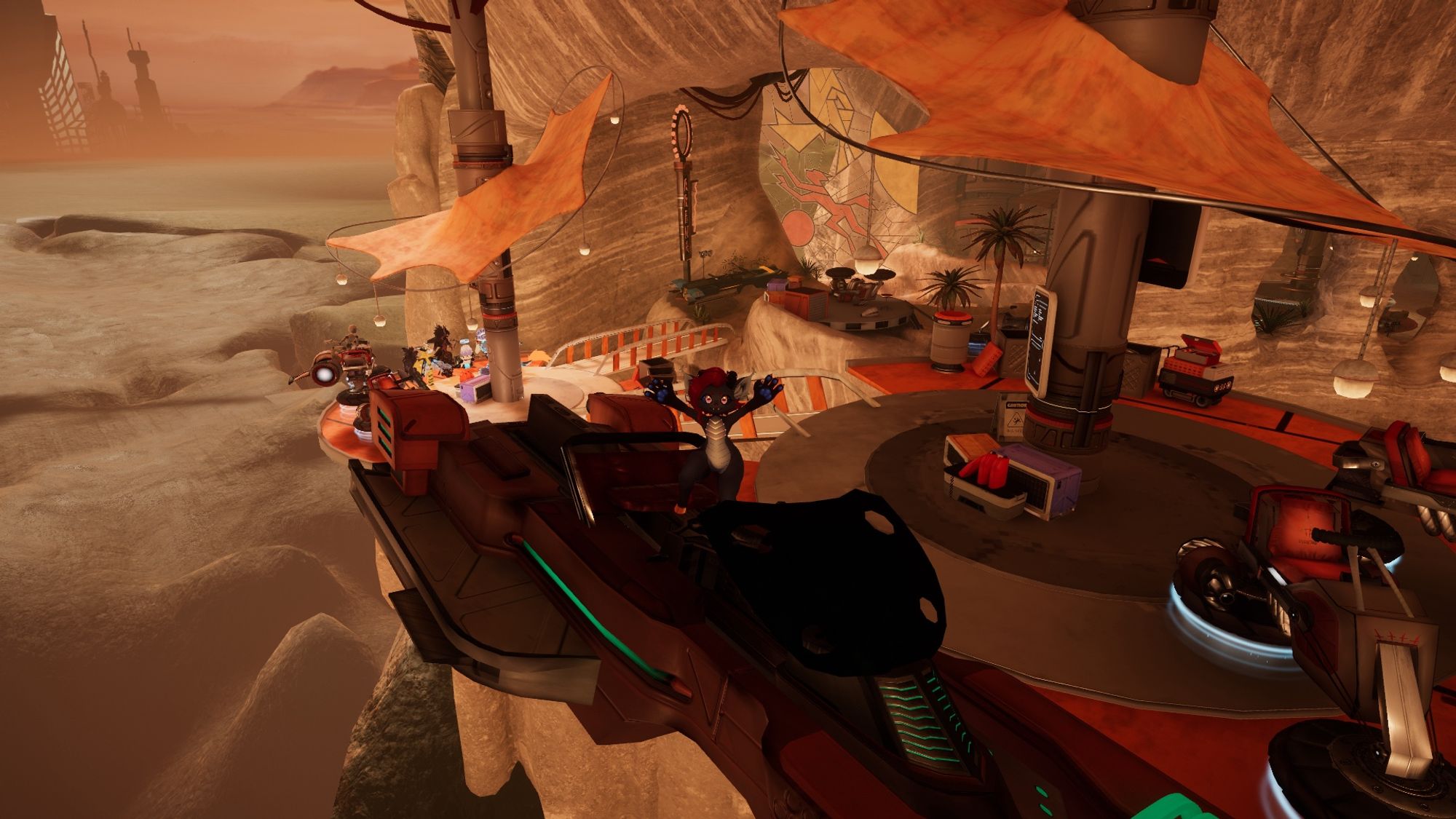 Screenshot of anthropomorphic dragon character in VR chat. She is standing on top of the pilot seat of some kind of space kart that is much too big for her.