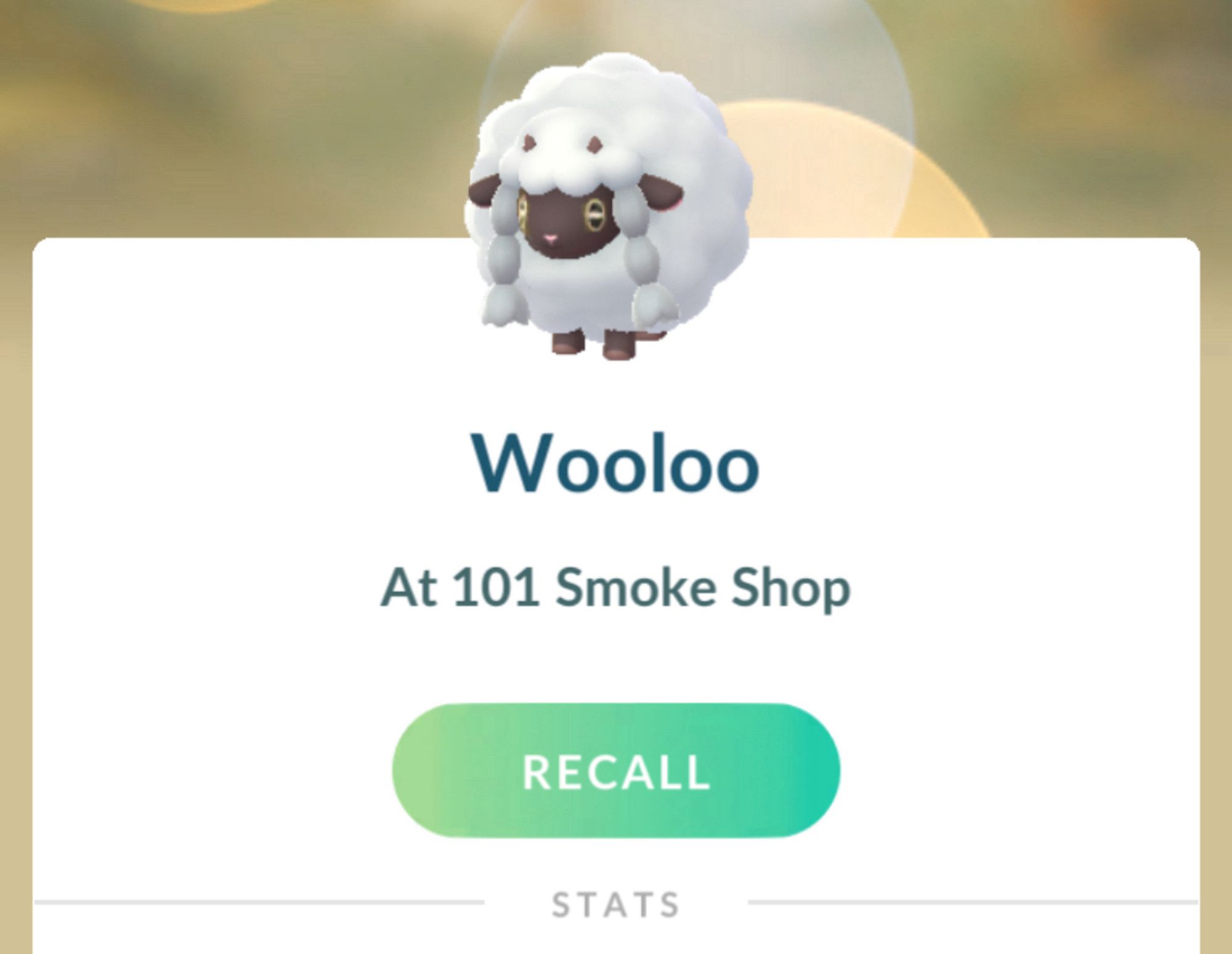 Screenshot of an in game interface from pokemon GO, displaying that the player has left a Wooloo(pokemon) at a location called 101 Smoke Shop.