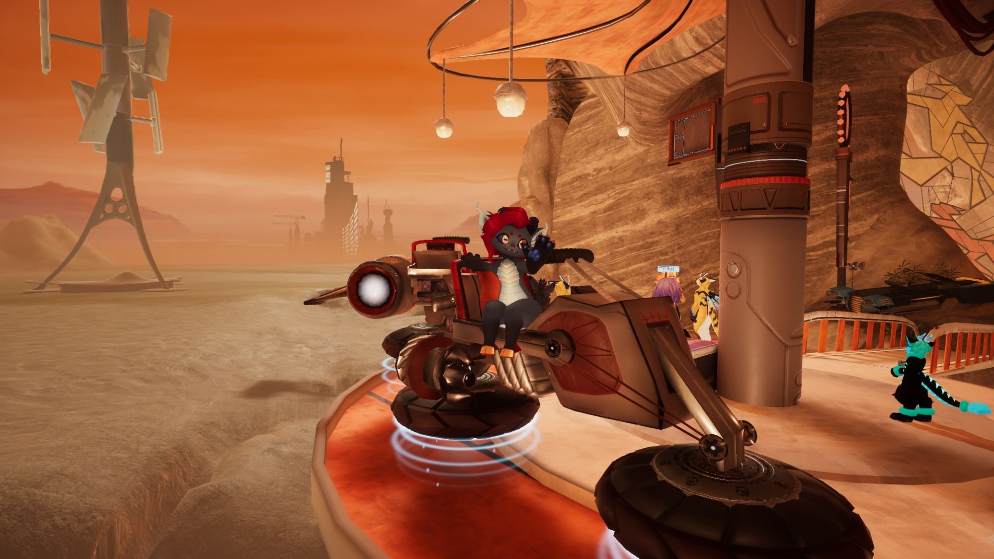 Screenshot of anthropomorphic dragon character in VR chat. She is waving at the camera, sat atop a futuristic bike.