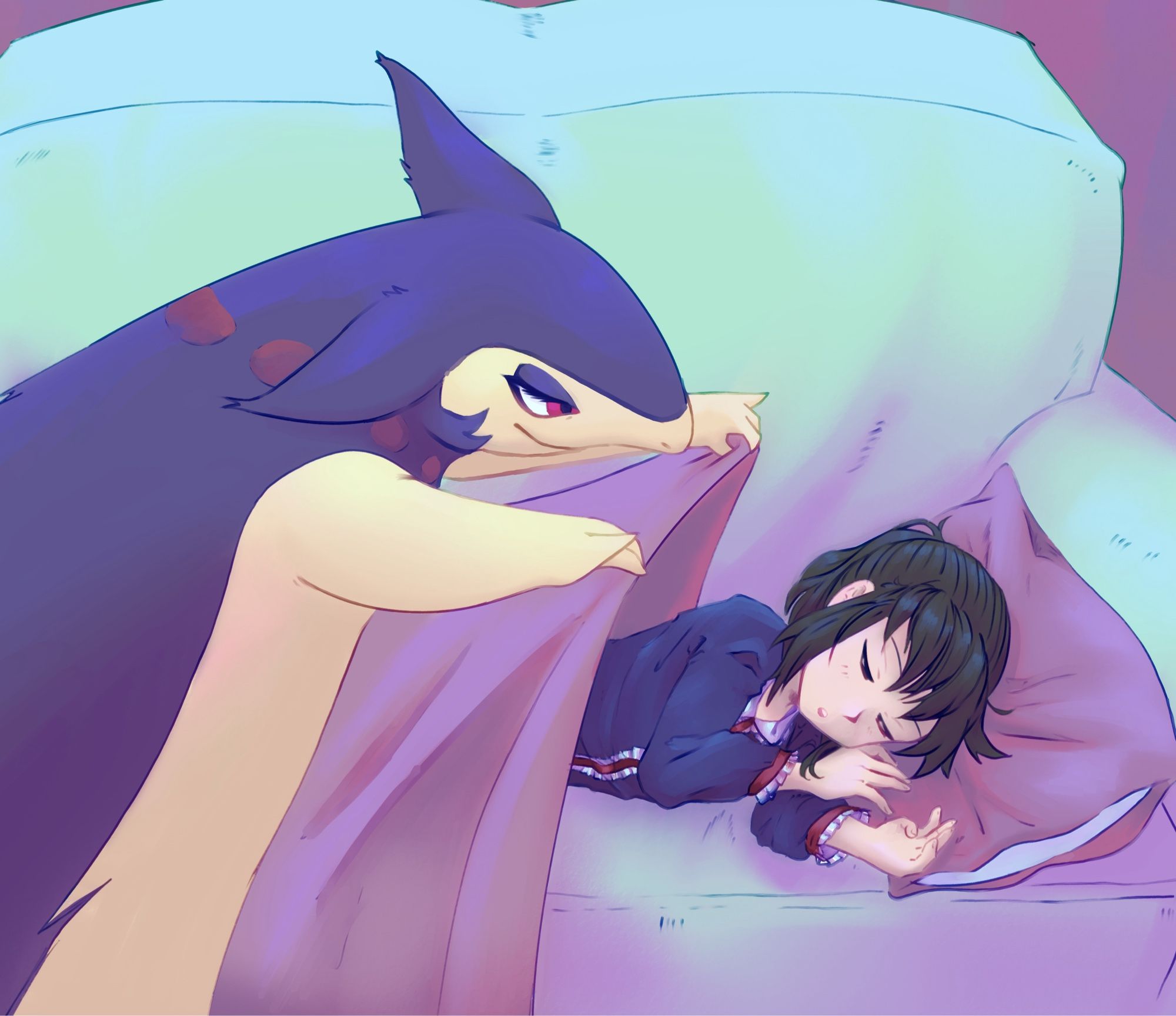 Digital art of the Pokémon, hisuian typhlosion putting a blanket over a sleeping Akari.
#GriDraws #pokemon