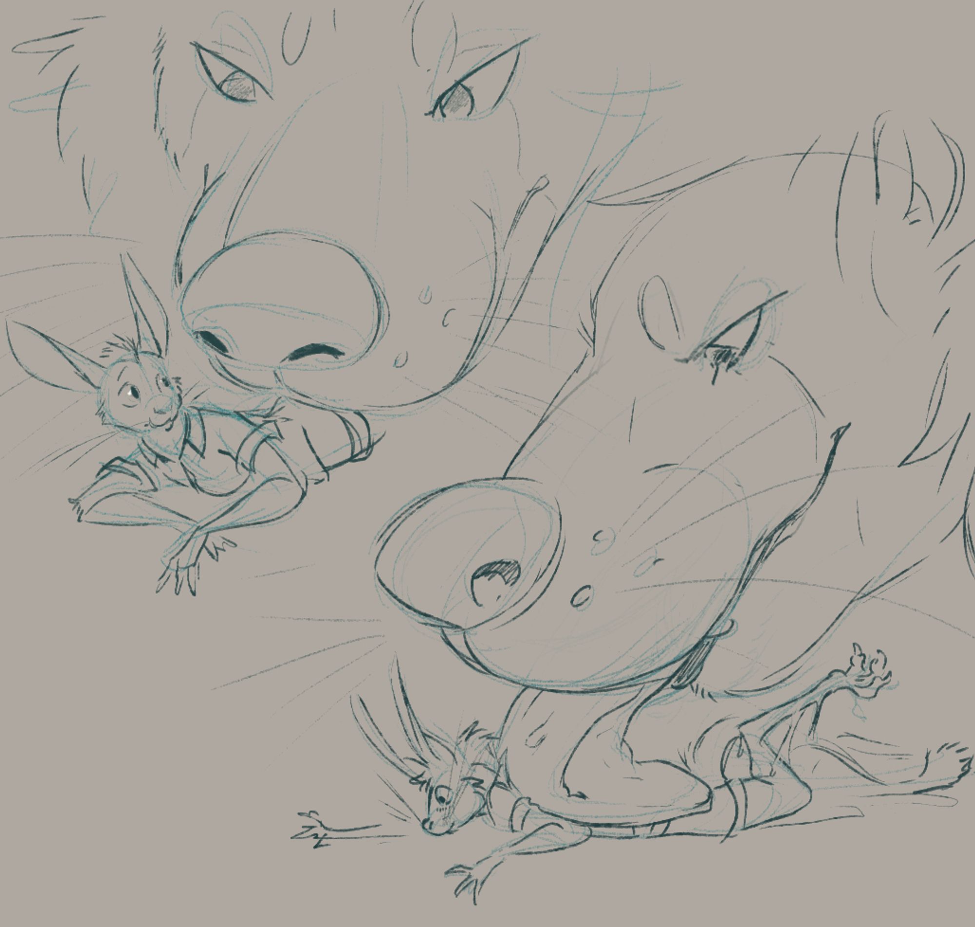 2 images, first of a big gulo nose sniffing at a small springhare, second of them licking along springhare's back forcefully.