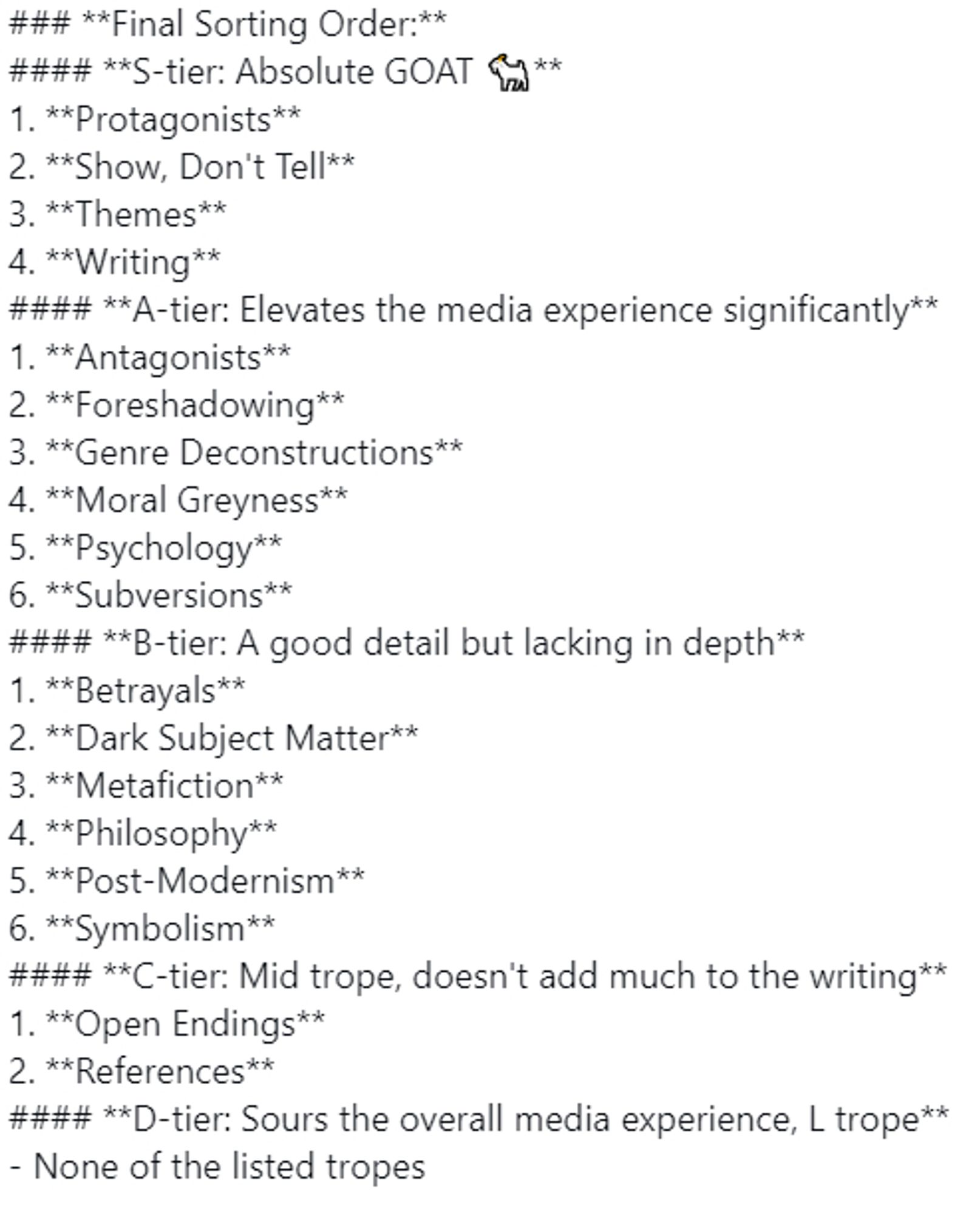 ### **Final Sorting Order:**

#### **S-tier: Absolute GOAT 🐐**
1. **Protagonists**  
2. **Show, Don't Tell**  
3. **Themes**  
4. **Writing**

#### **A-tier: Elevates the media experience significantly**
1. **Antagonists**  
2. **Foreshadowing**  
3. **Genre Deconstructions**  
4. **Moral Greyness**  
5. **Psychology**  
6. **Subversions**

#### **B-tier: A good detail but lacking in depth**
1. **Betrayals**  
2. **Dark Subject Matter**  
3. **Metafiction**  
4. **Philosophy**  
5. **Post-Modernism**  
6. **Symbolism**

#### **C-tier: Mid trope, doesn't add much to the writing**
1. **Open Endings**  
2. **References**

#### **D-tier: Sours the overall media experience, L trope**
- None of the listed tropes