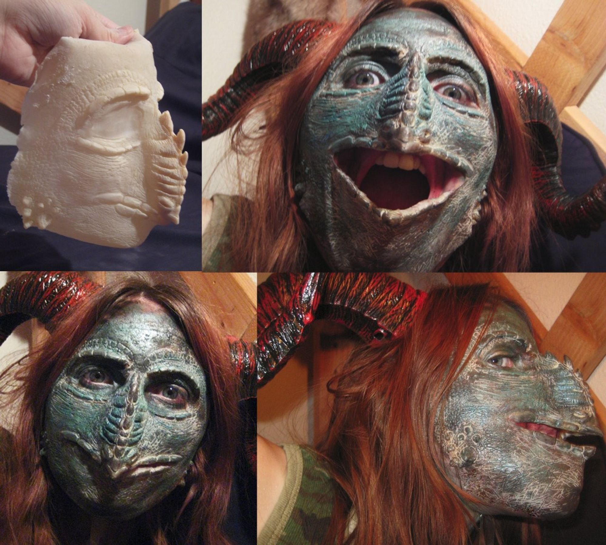 A photo collage displaying different views of a dragon facial prosthetic. One image is of a hand holding a blank prosthetic cast. The others present the prosthetic being worn, with different facial expressions. The makeup is green, and mottled.

#dragon #dragonart #dragoncostume #costuming #latex #cosplay #furryartist