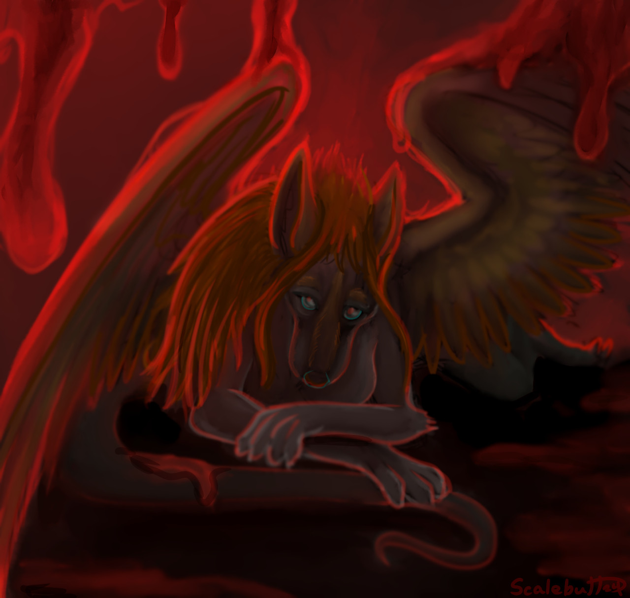 A surreal scene of blood dripping from who knows where, oozing onto an exhausted and somewhat depressed looking canid with a serpentine tail, and feathered wings. She is laying with her arms crossed. 

#ventart #ventartwork #blood #gore #periodart #furryart #furry