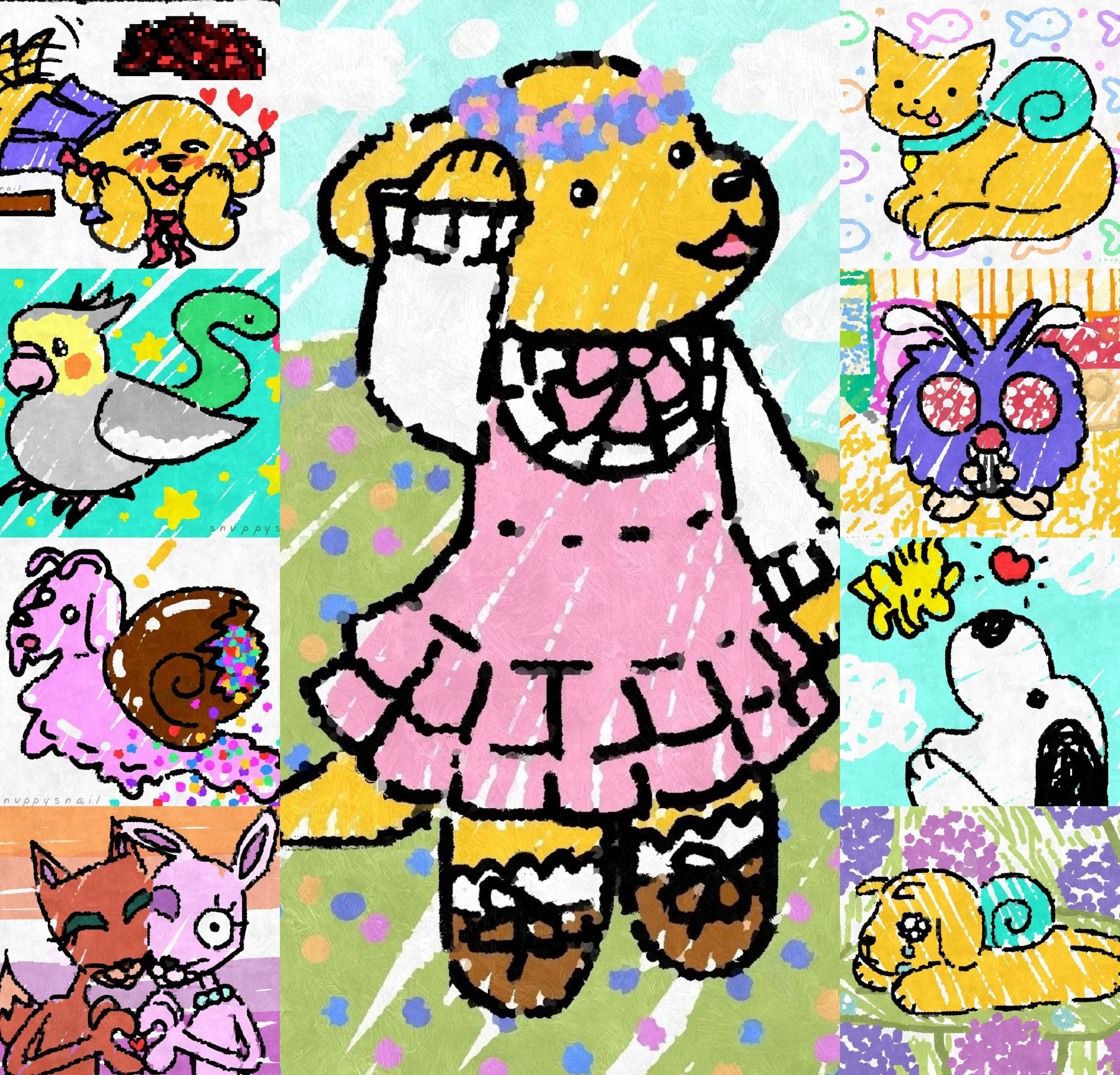 Examples of Snuppy's artwork which include: yandere Snuppy, cockatiel basilisk, candy Snuppy puppy snail, Bunny and Kitty (from Courage), classic lolita dress Snuppy, Snitty the kitty snail, venonat hamster, Snoopy and Woodstuck and crying Snuppy puppy snail on a leaf