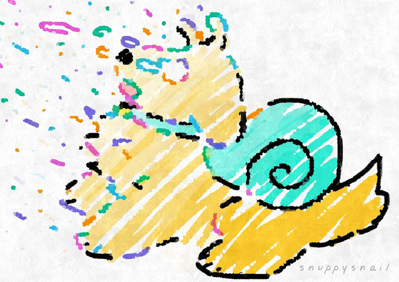 snuppy puppy snail disintegrating into small colorful particles, it finds this is to be a little upsetting