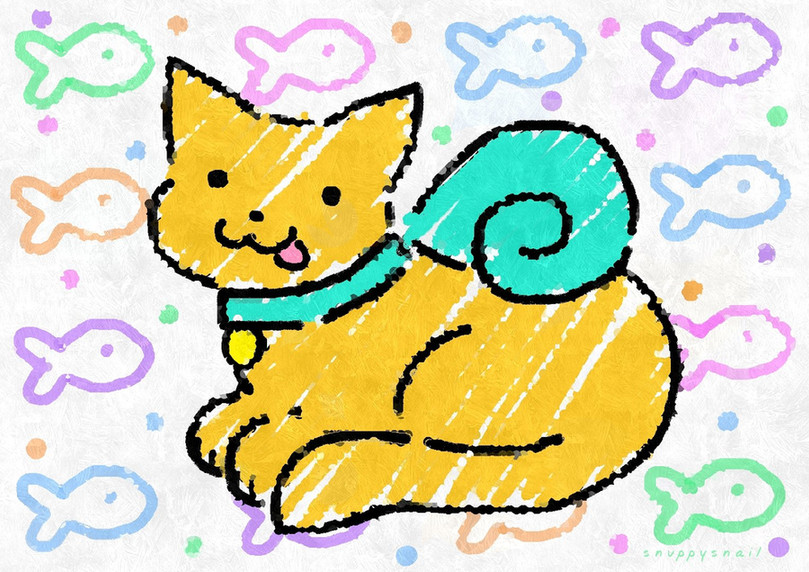 snuppy puppy snail's cat form, kitty snitty snail in front of a tasty background of fish